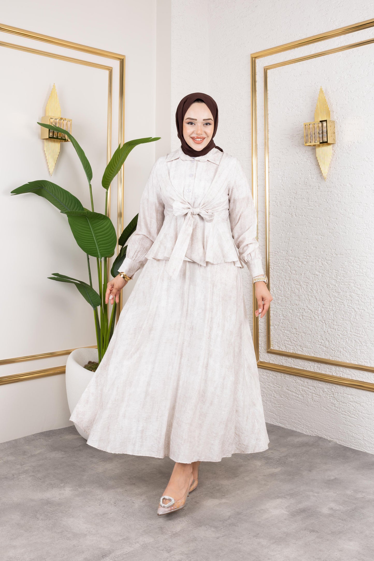 Sabit Kuşak Detaylı Çilek Kumaş Elbise - Rema Butik