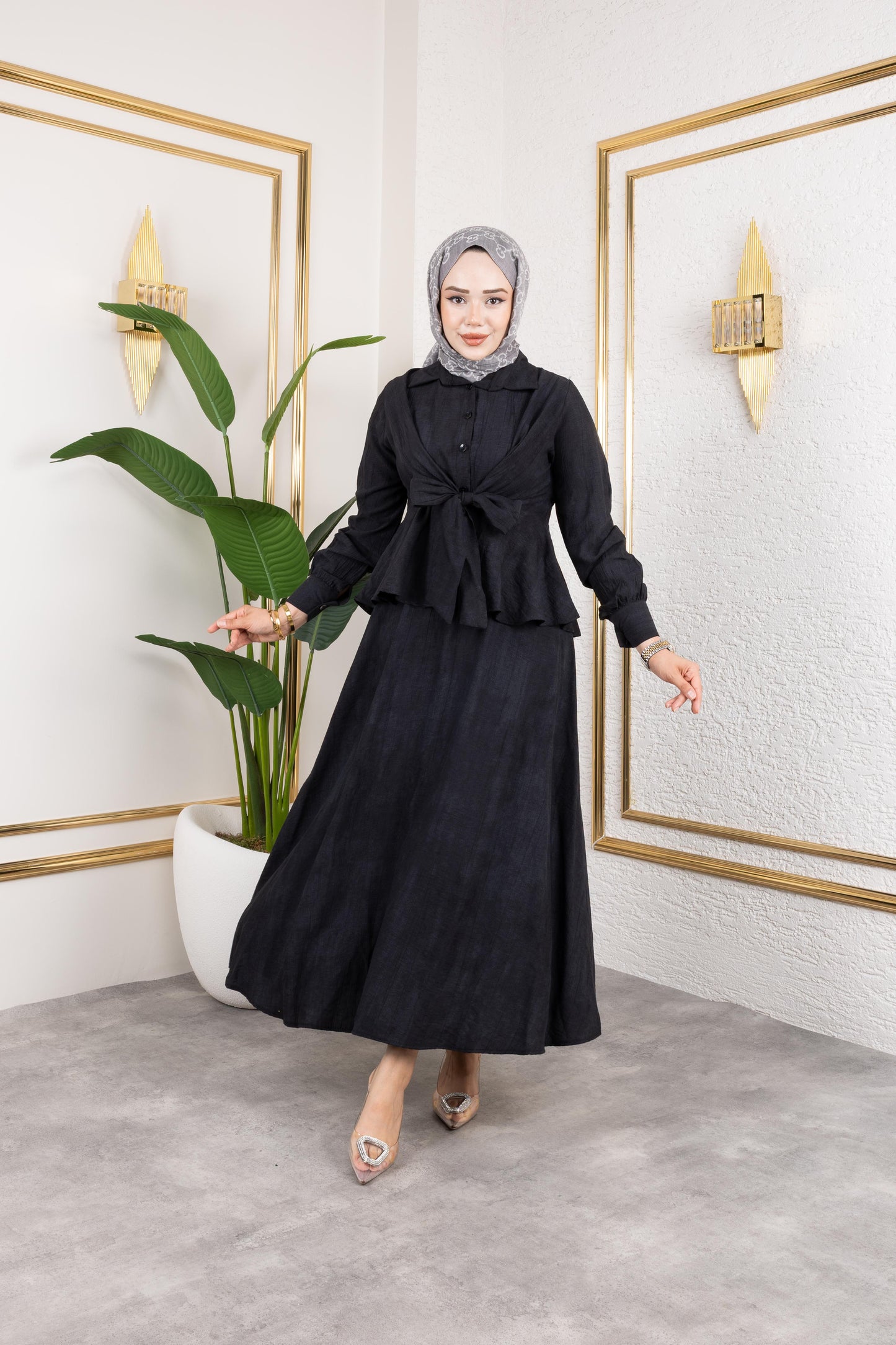 Sabit Kuşak Detaylı Çilek Kumaş Elbise - Rema Butik