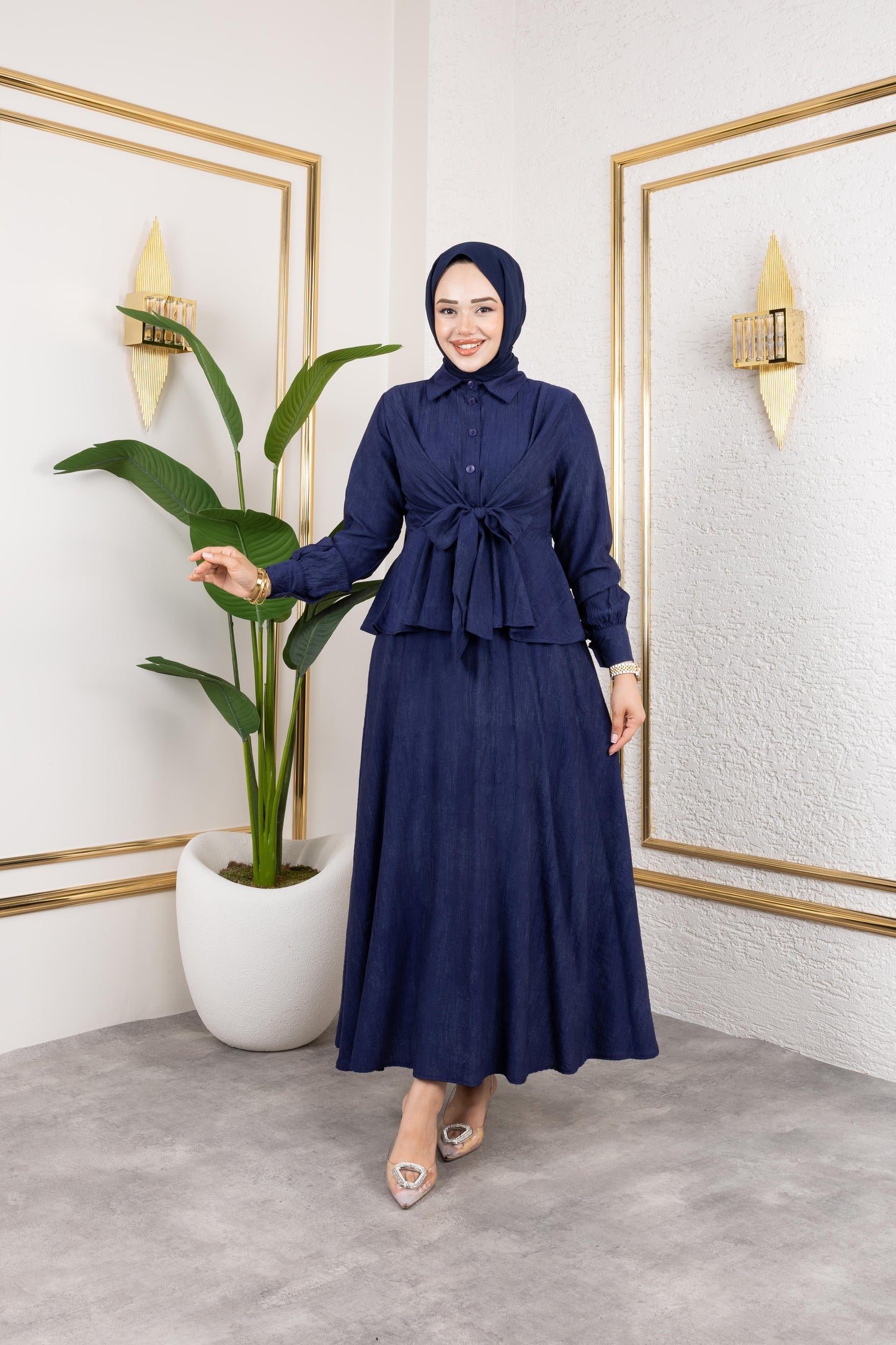Sabit Kuşak Detaylı Çilek Kumaş Elbise - Rema Butik