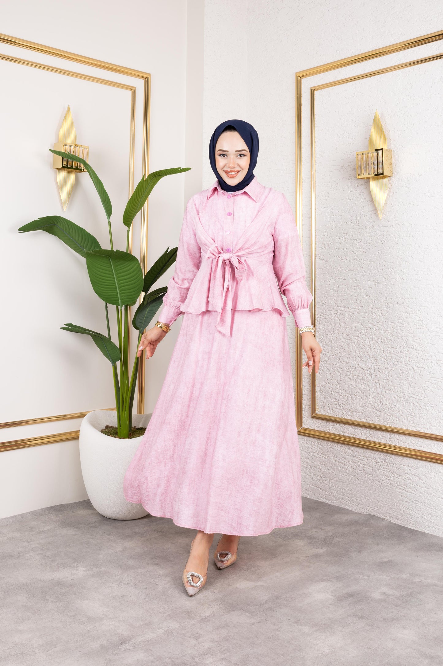 Sabit Kuşak Detaylı Çilek Kumaş Elbise - Rema Butik
