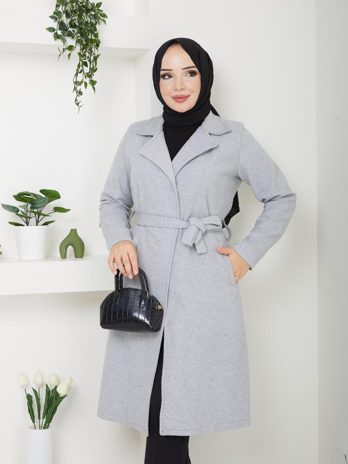 KADIN KUŞAK VE CEP DETAYLI KAŞE KABAN-remabutik