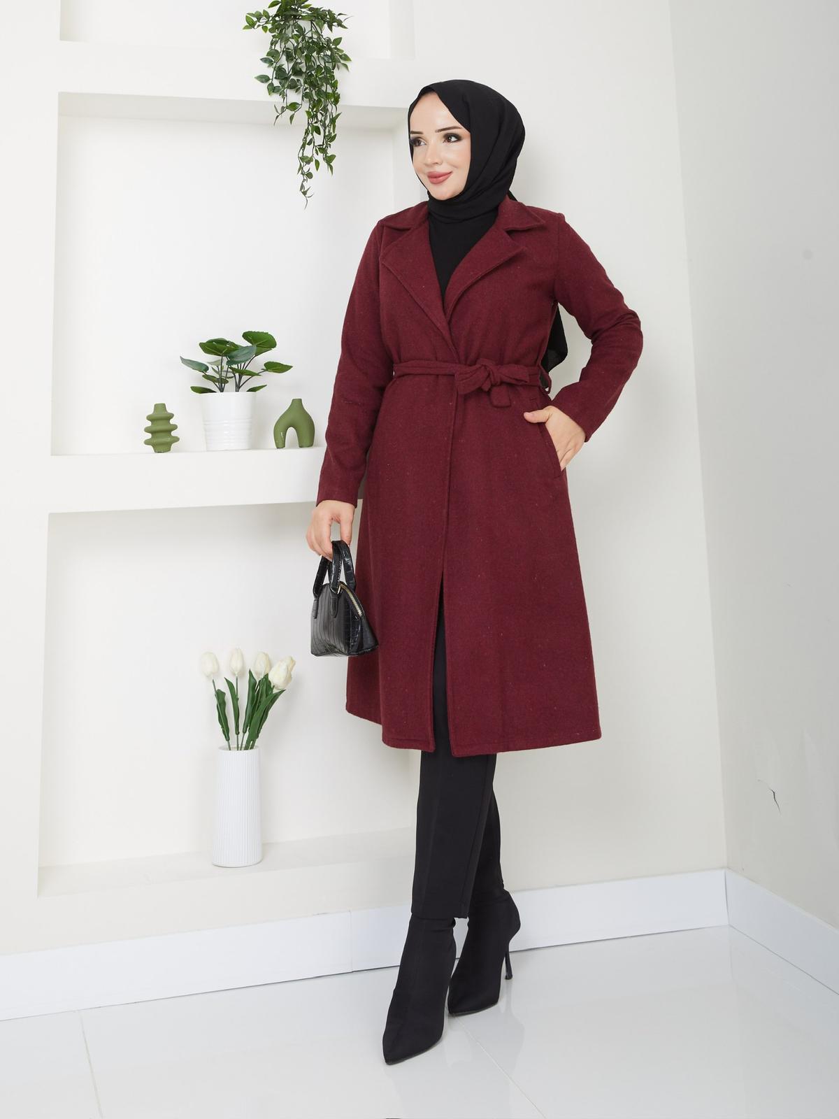 KADIN KUŞAK VE CEP DETAYLI KAŞE KABAN-remabutik