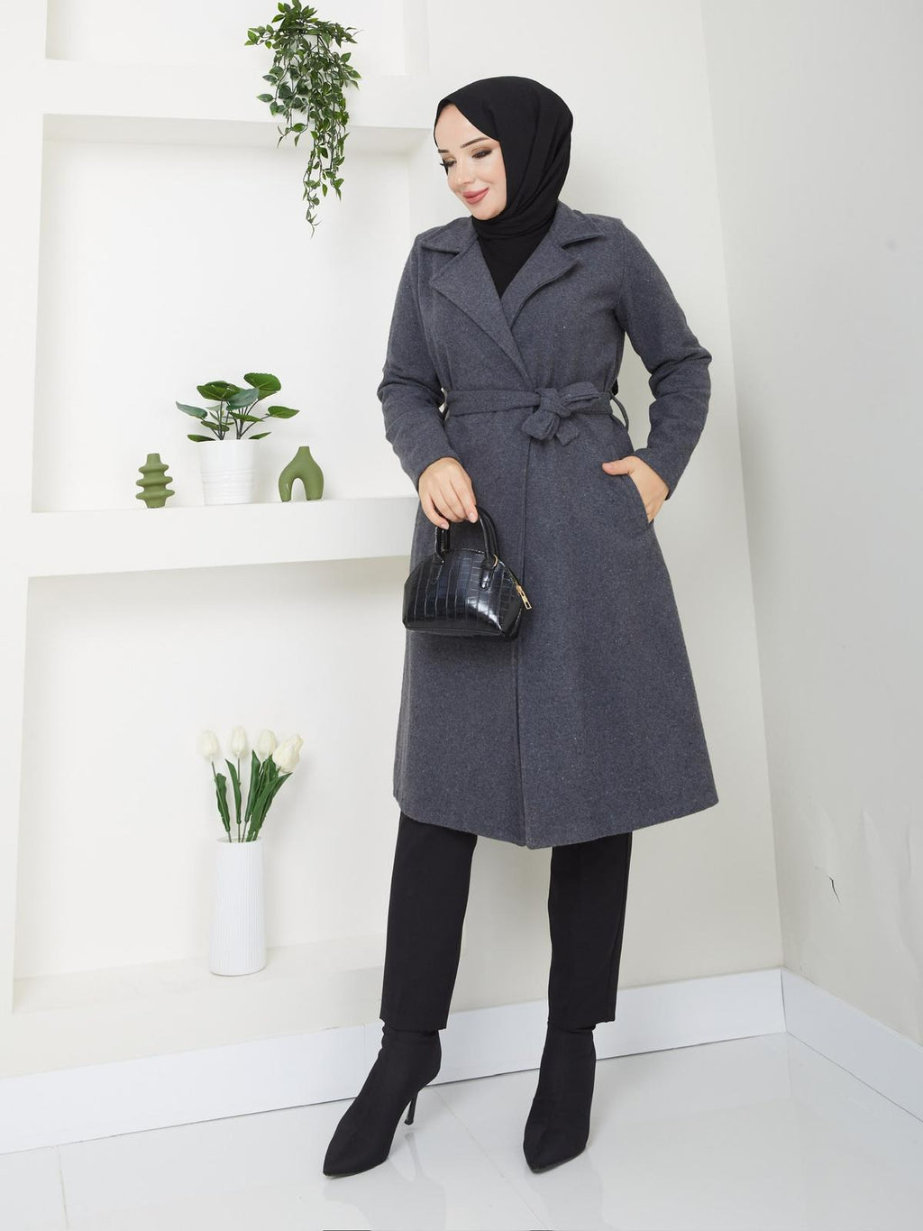 KADIN KUŞAK VE CEP DETAYLI KAŞE KABAN-remabutik