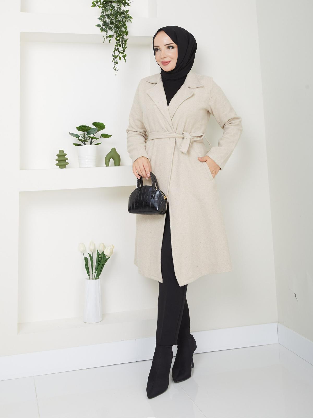 KADIN KUŞAK VE CEP DETAYLI KAŞE KABAN-remabutik