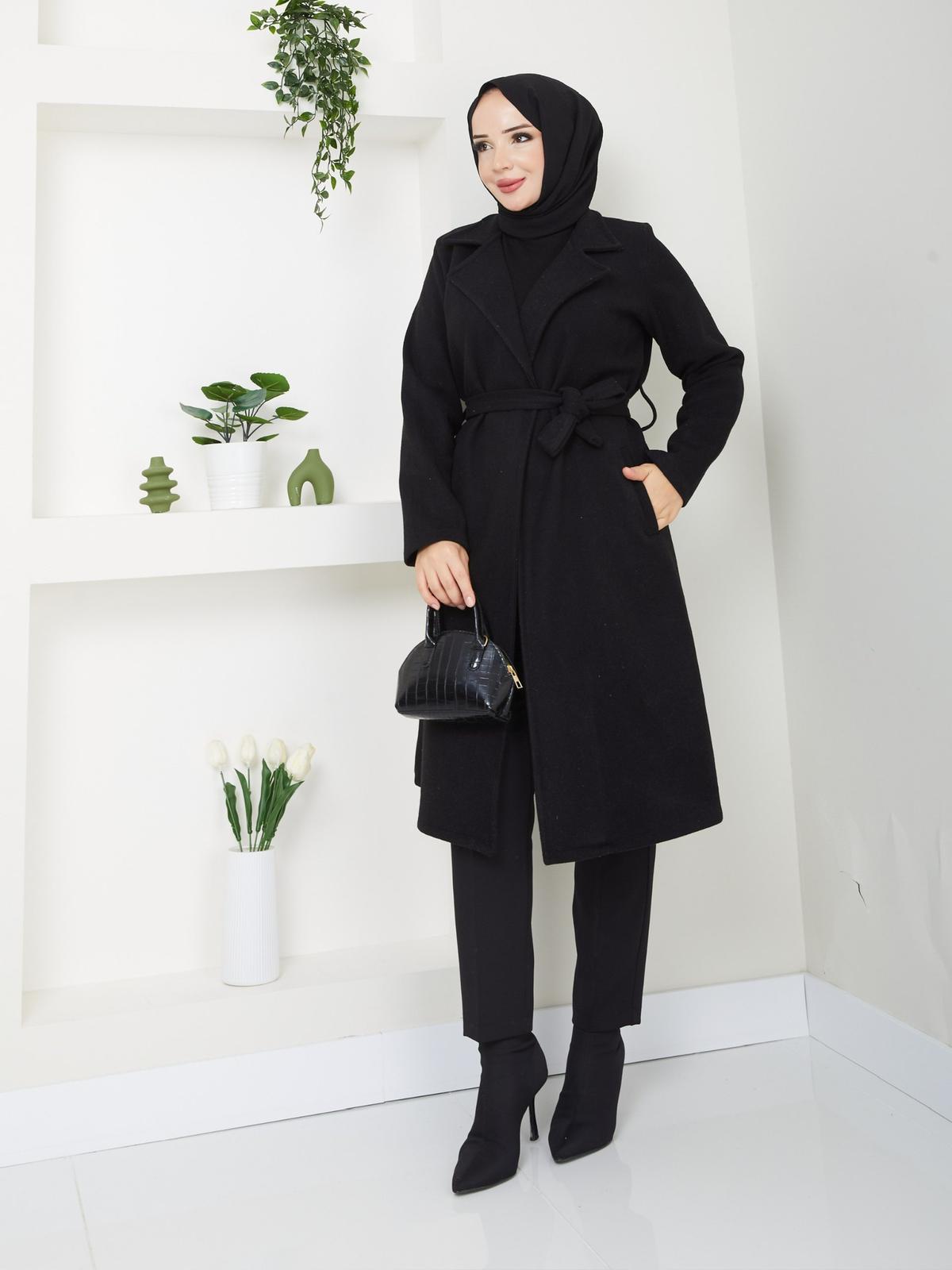 KADIN KUŞAK VE CEP DETAYLI KAŞE KABAN-remabutik