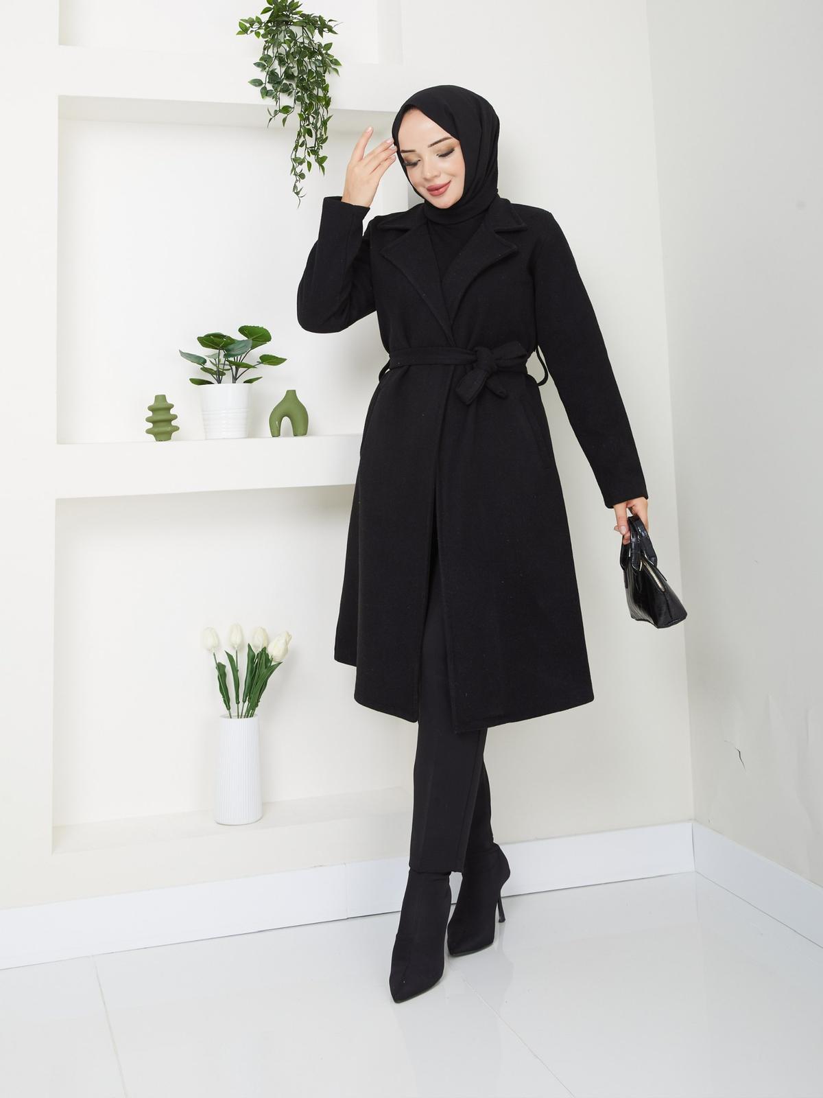 KADIN KUŞAK VE CEP DETAYLI KAŞE KABAN-remabutik