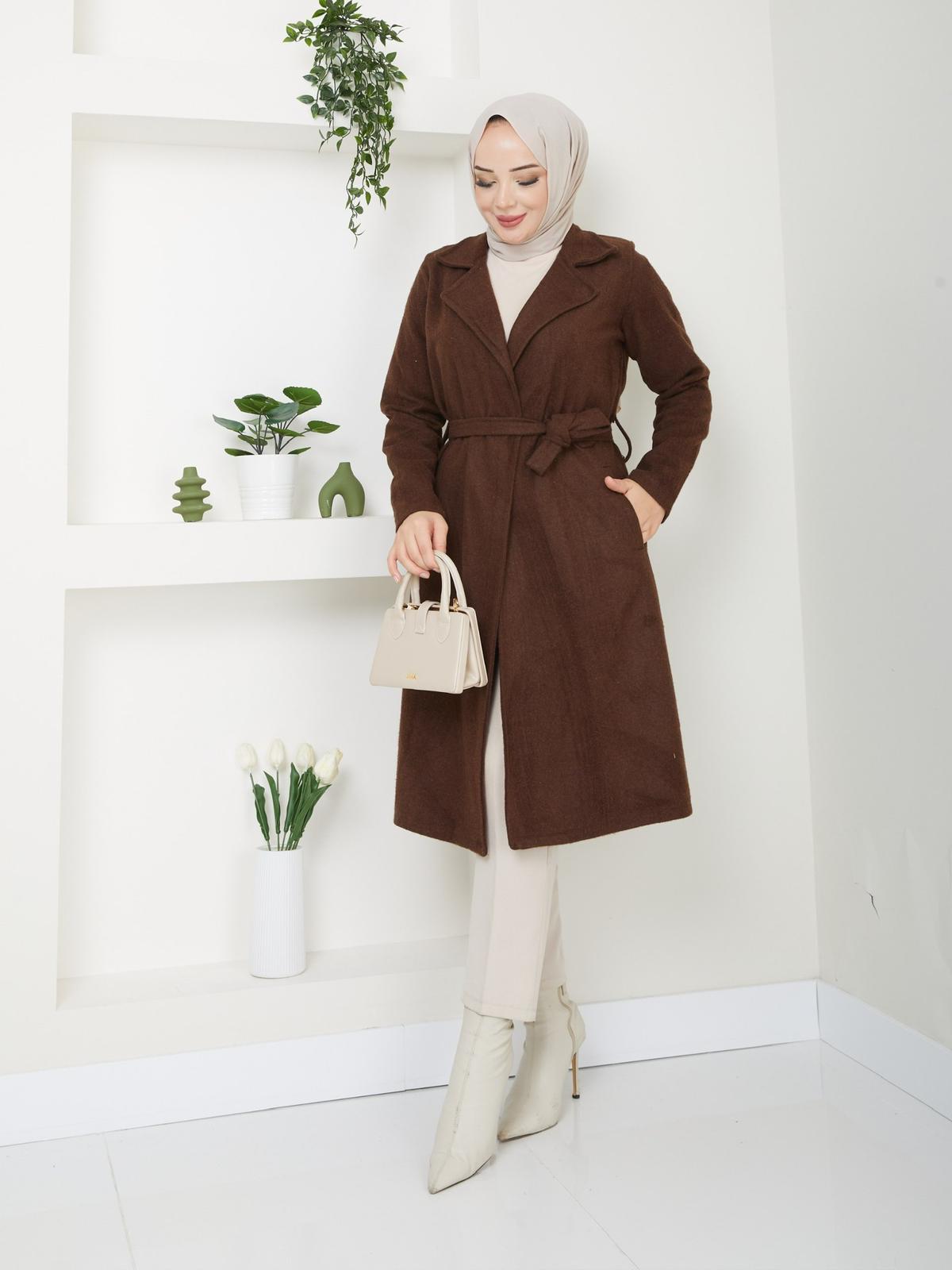 KADIN KUŞAK VE CEP DETAYLI KAŞE KABAN-remabutik