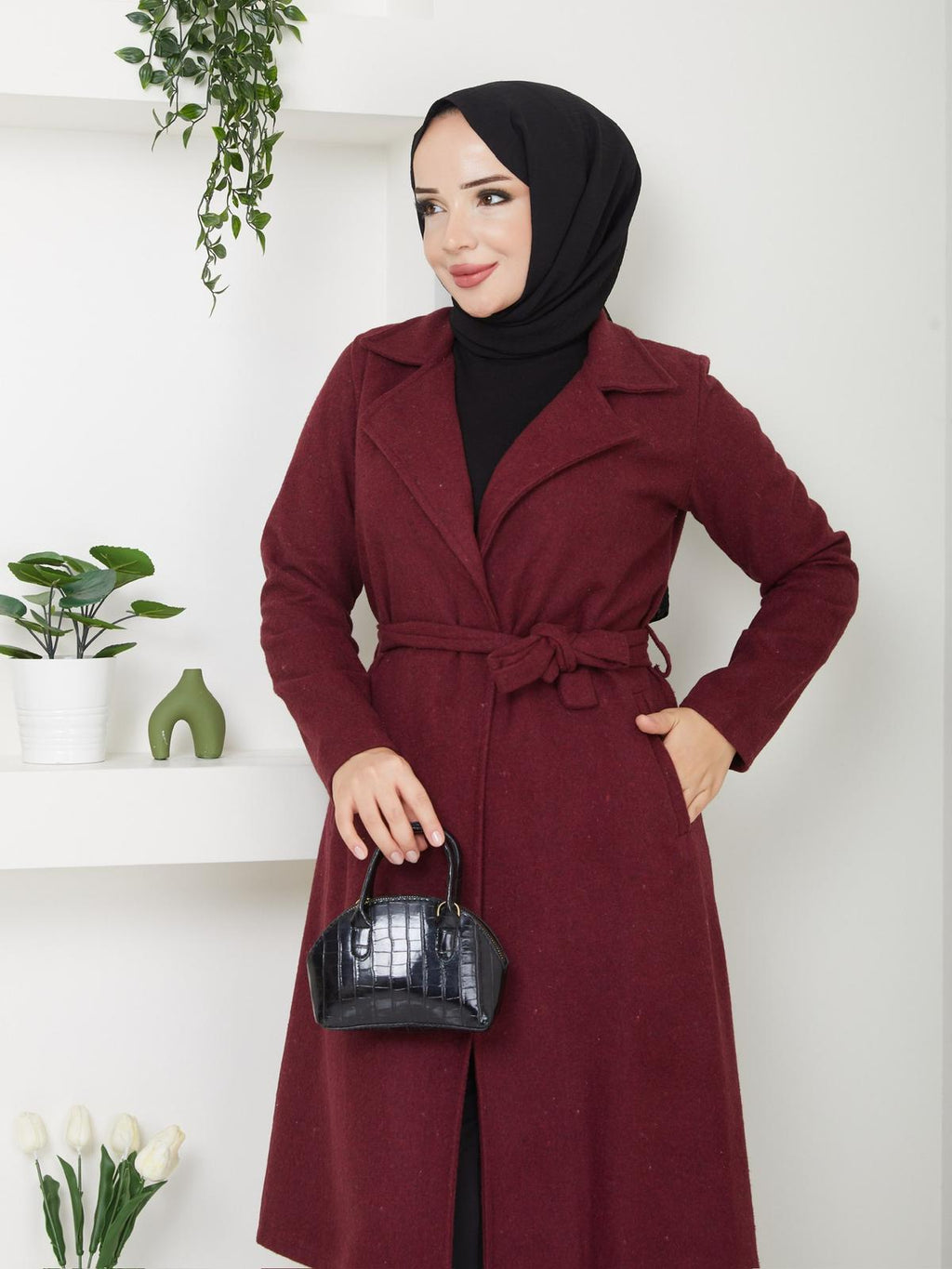 KADIN KUŞAK VE CEP DETAYLI KAŞE KABAN-remabutik