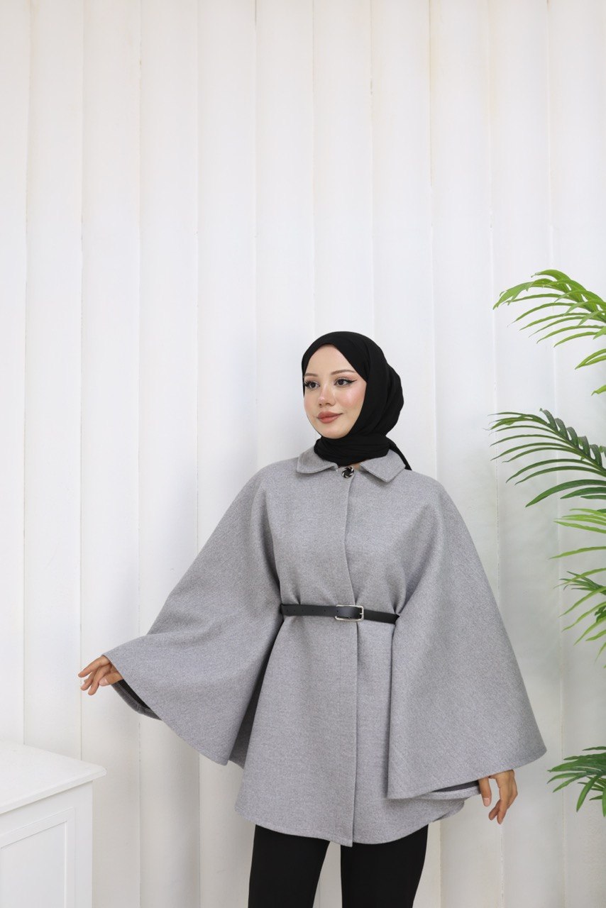 KEMER VE DÜĞME DETAYLI İTHAL KUMAŞ PANÇO