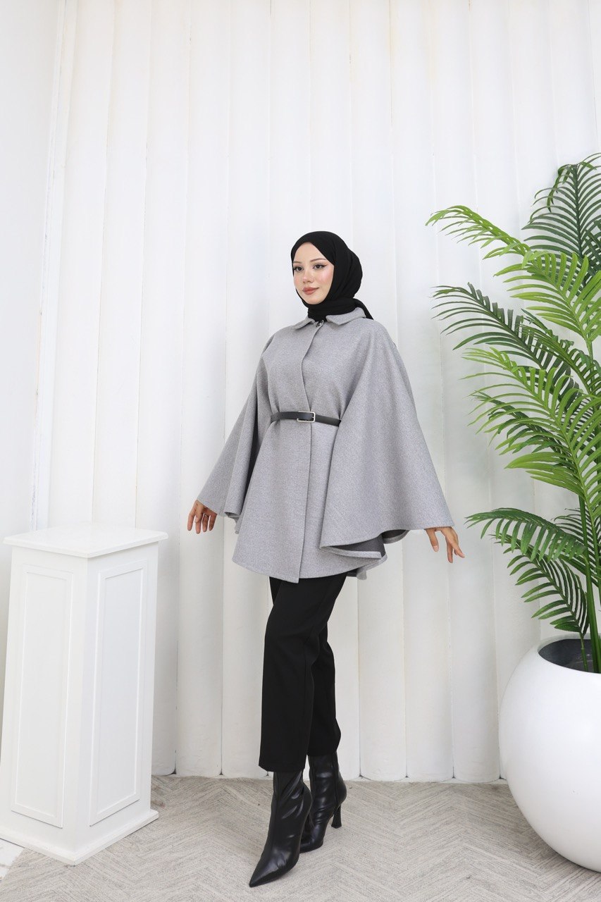 KEMER VE DÜĞME DETAYLI İTHAL KUMAŞ PANÇO