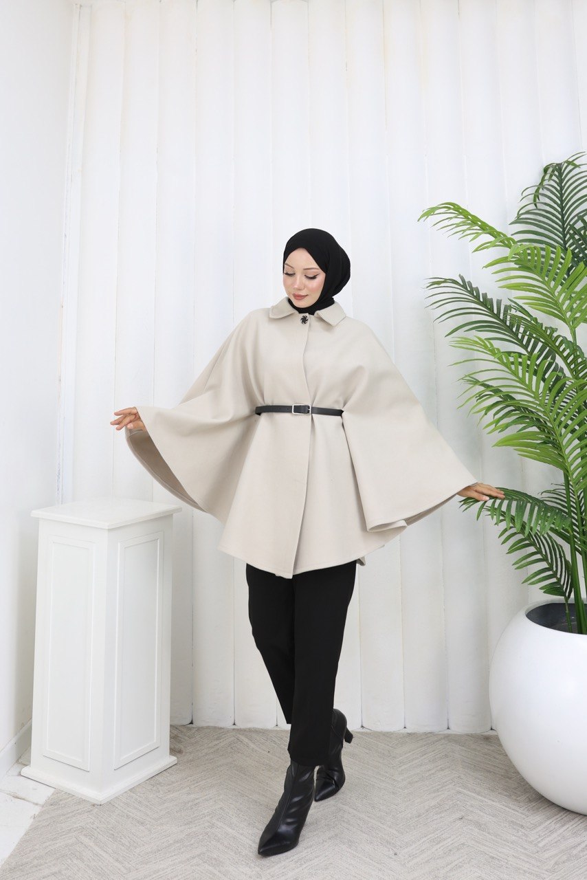 KEMER VE DÜĞME DETAYLI İTHAL KUMAŞ PANÇO