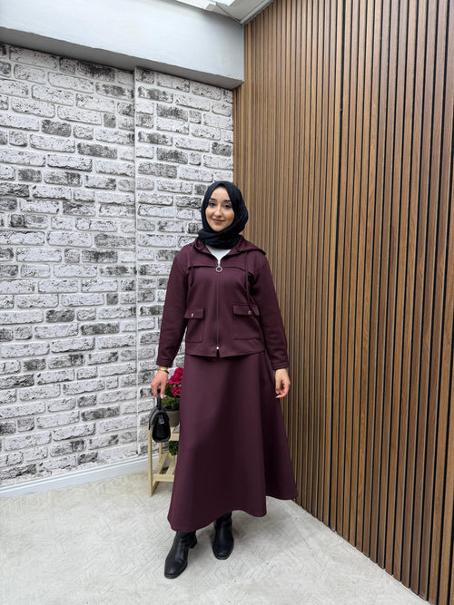 AÇELYA CEP VE  KAPÜŞON DETAYLI SCUBA KUMAŞ KADIN  ETEKLİ TAKIM-remabutik