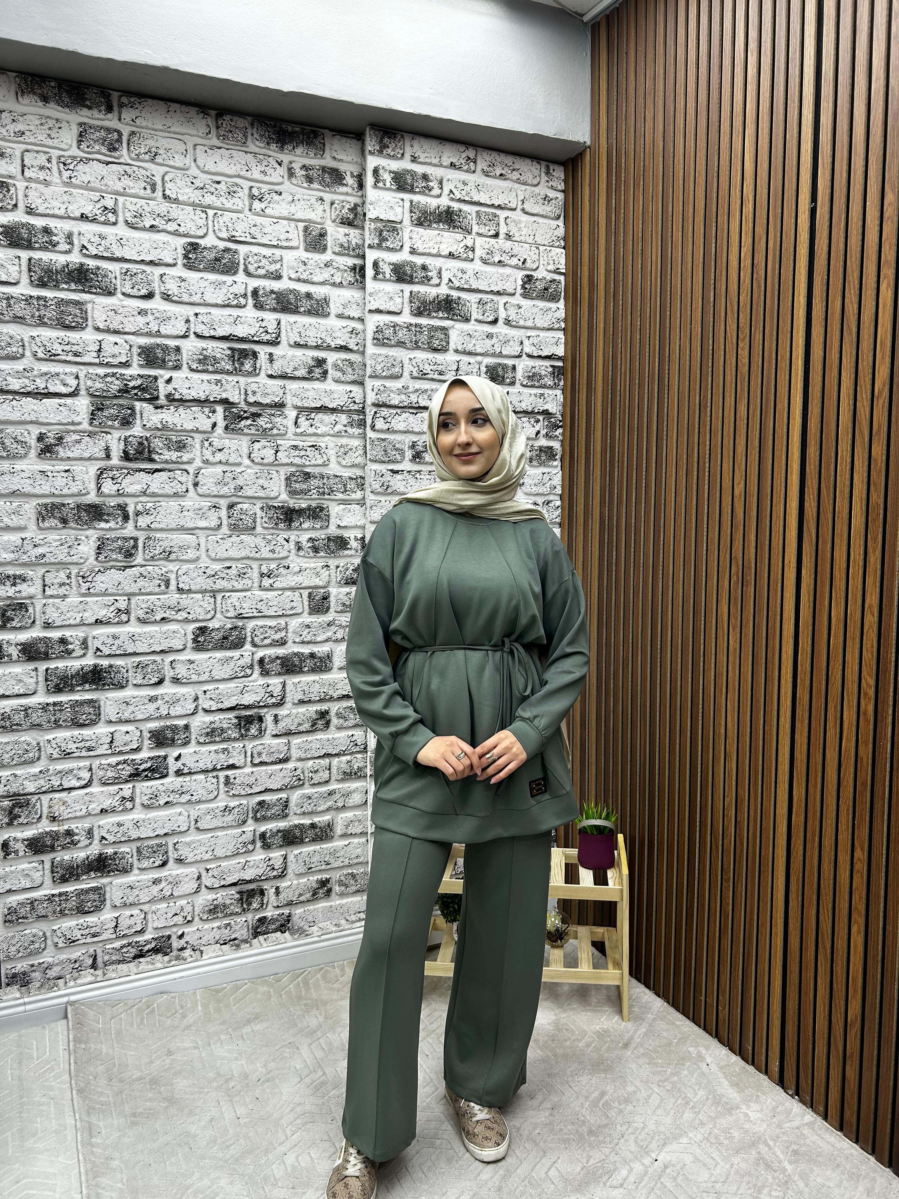 KADIN OYŞHO KUMAŞ KİBRİT ÇIMA DETAYLI PANTOLONLU İKİLİ TAKIM-remabutik