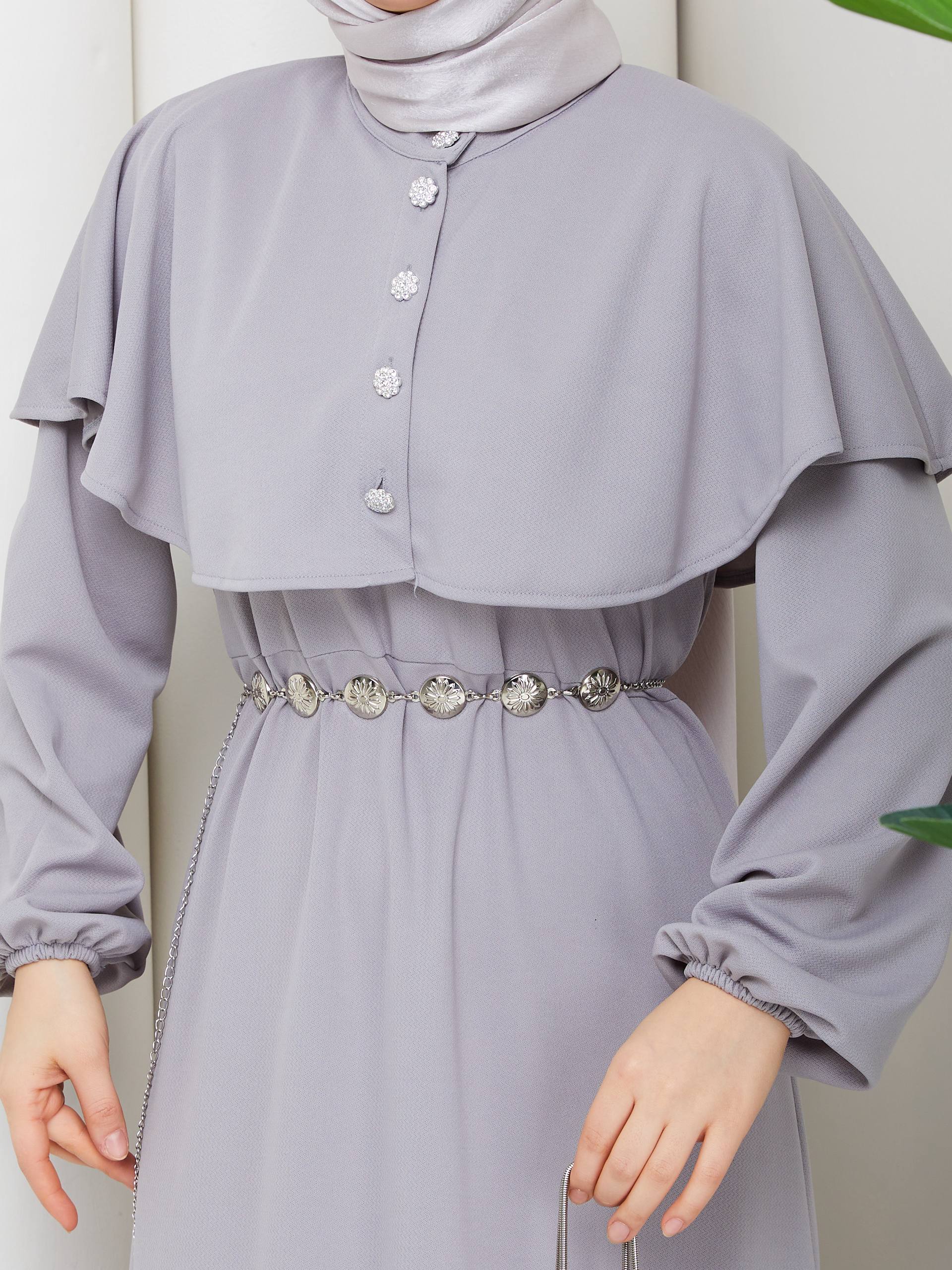 KRİSTAL KEMER VE TAŞ DÜĞME DETAYLI BOLERO PELERİNLİ  KREP ELBİSE-remabutik