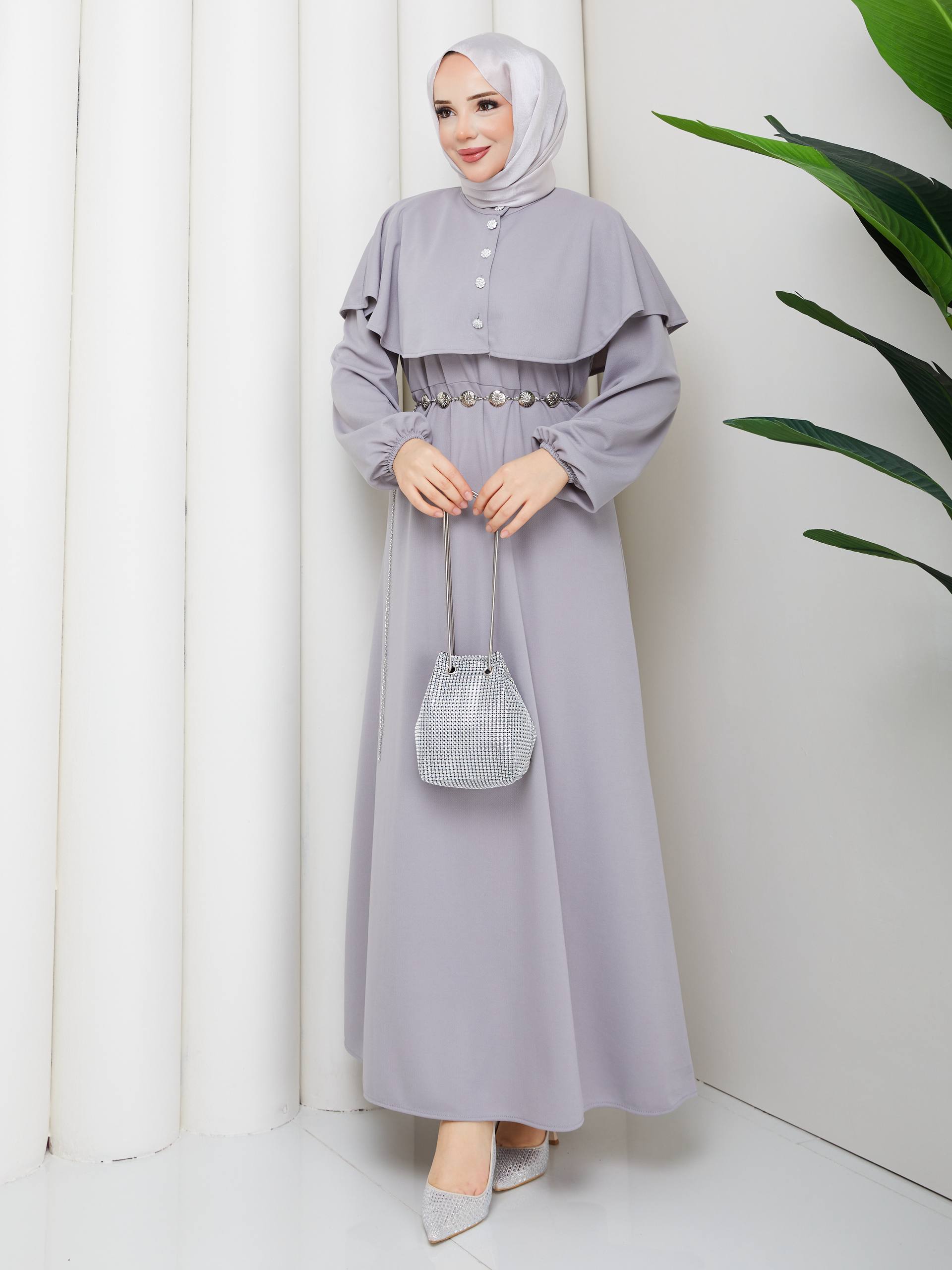 KRİSTAL KEMER VE TAŞ DÜĞME DETAYLI BOLERO PELERİNLİ  KREP ELBİSE-remabutik