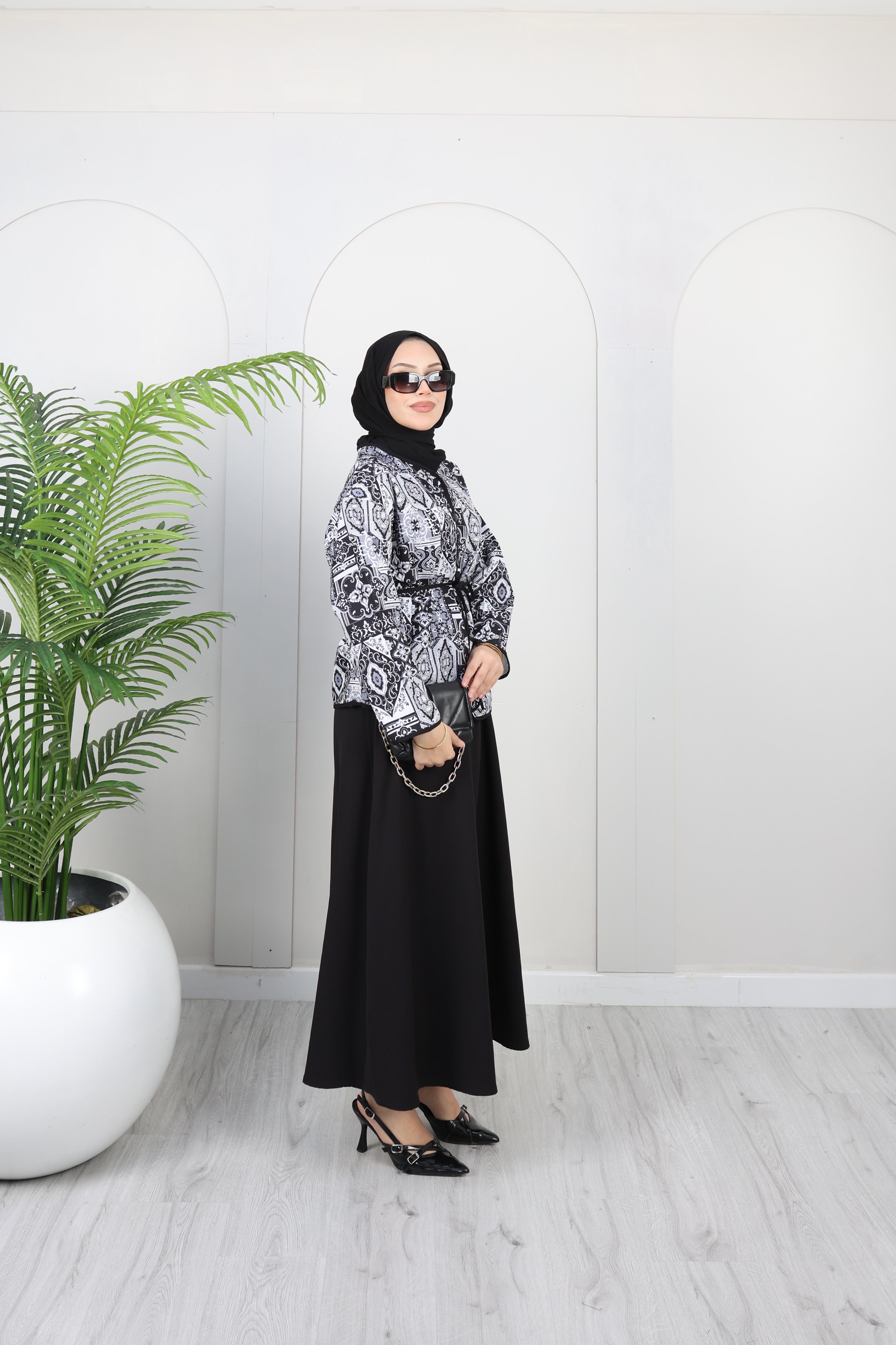 Double Kumaş Dijital Etekli Şık Takım