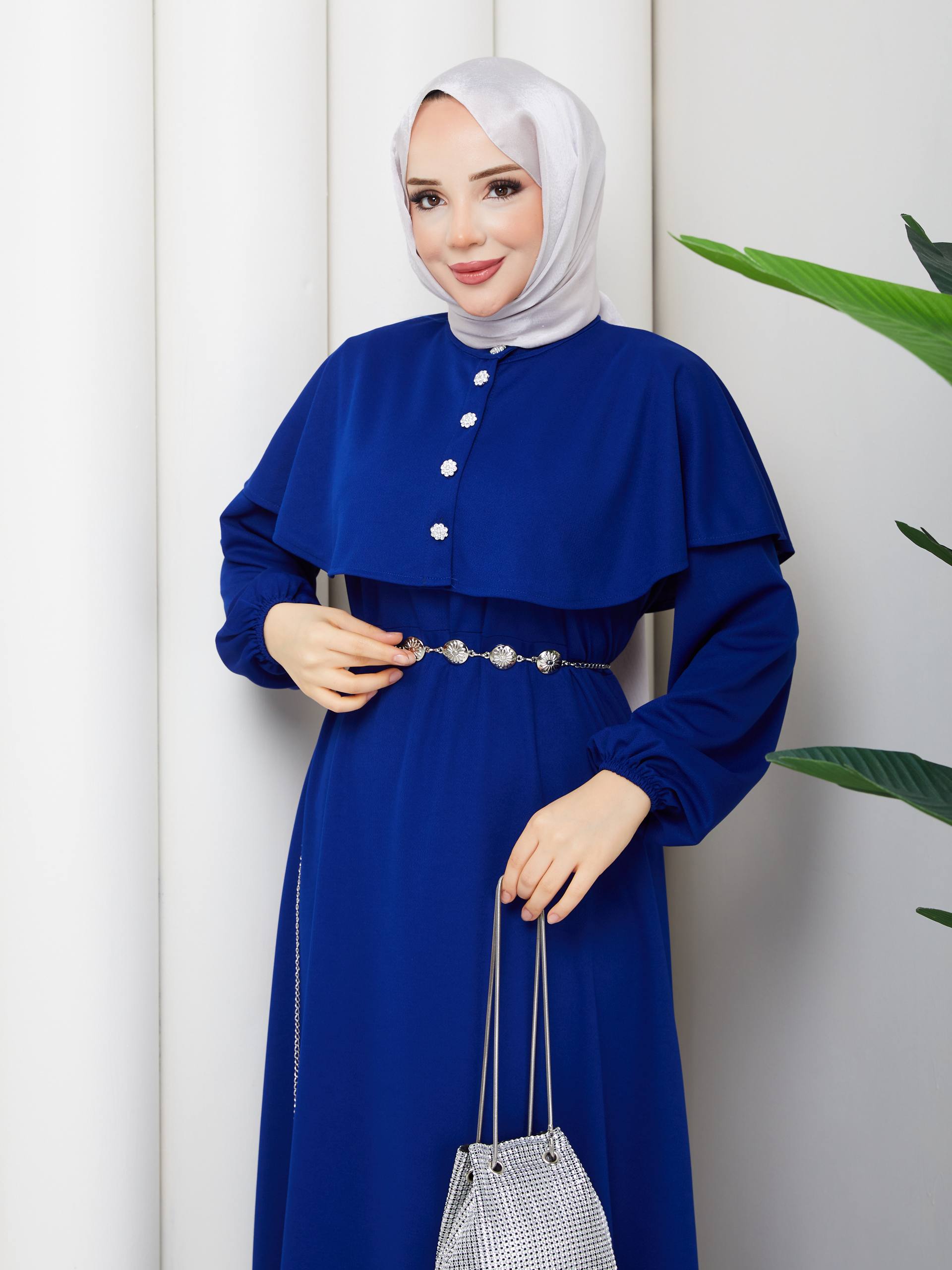 KRİSTAL KEMER VE TAŞ DÜĞME DETAYLI BOLERO PELERİNLİ  KREP ELBİSE-remabutik