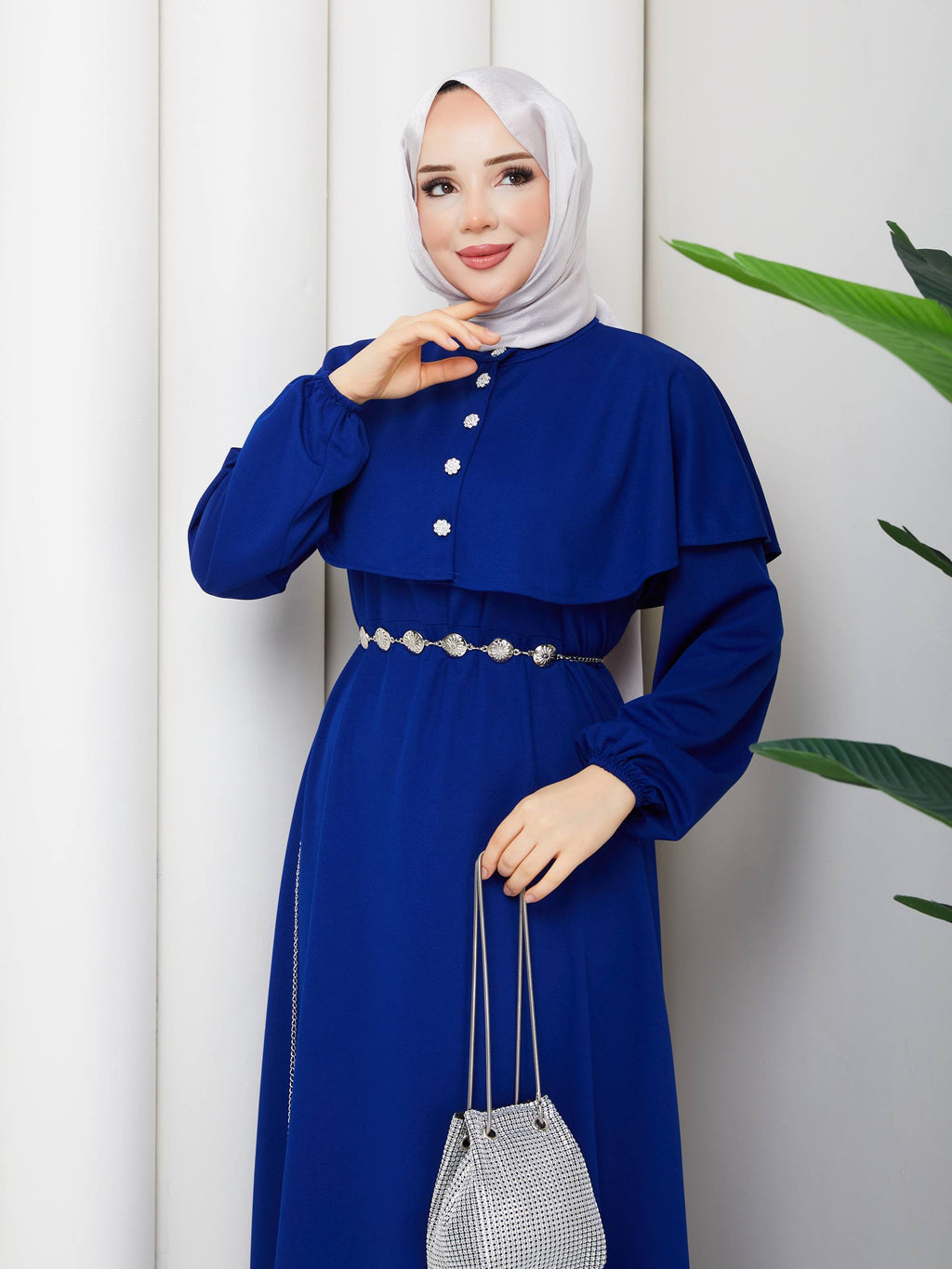 KRİSTAL KEMER VE TAŞ DÜĞME DETAYLI BOLERO PELERİNLİ  KREP ELBİSE-remabutik