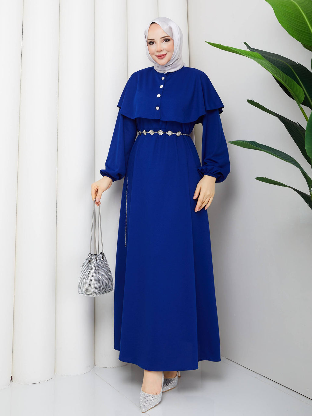 KRİSTAL KEMER VE TAŞ DÜĞME DETAYLI BOLERO PELERİNLİ  KREP ELBİSE-remabutik