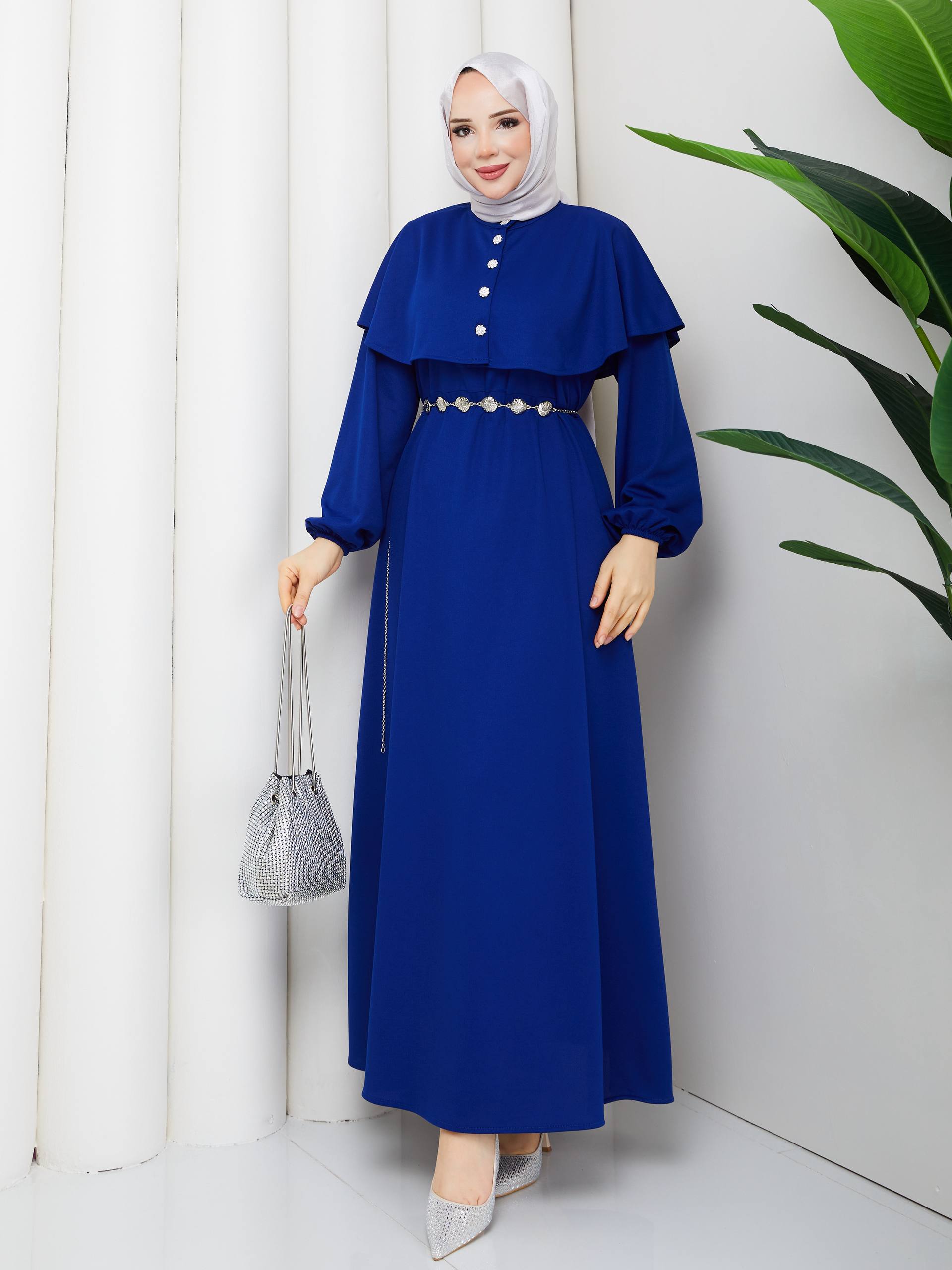 KRİSTAL KEMER VE TAŞ DÜĞME DETAYLI BOLERO PELERİNLİ  KREP ELBİSE-remabutik