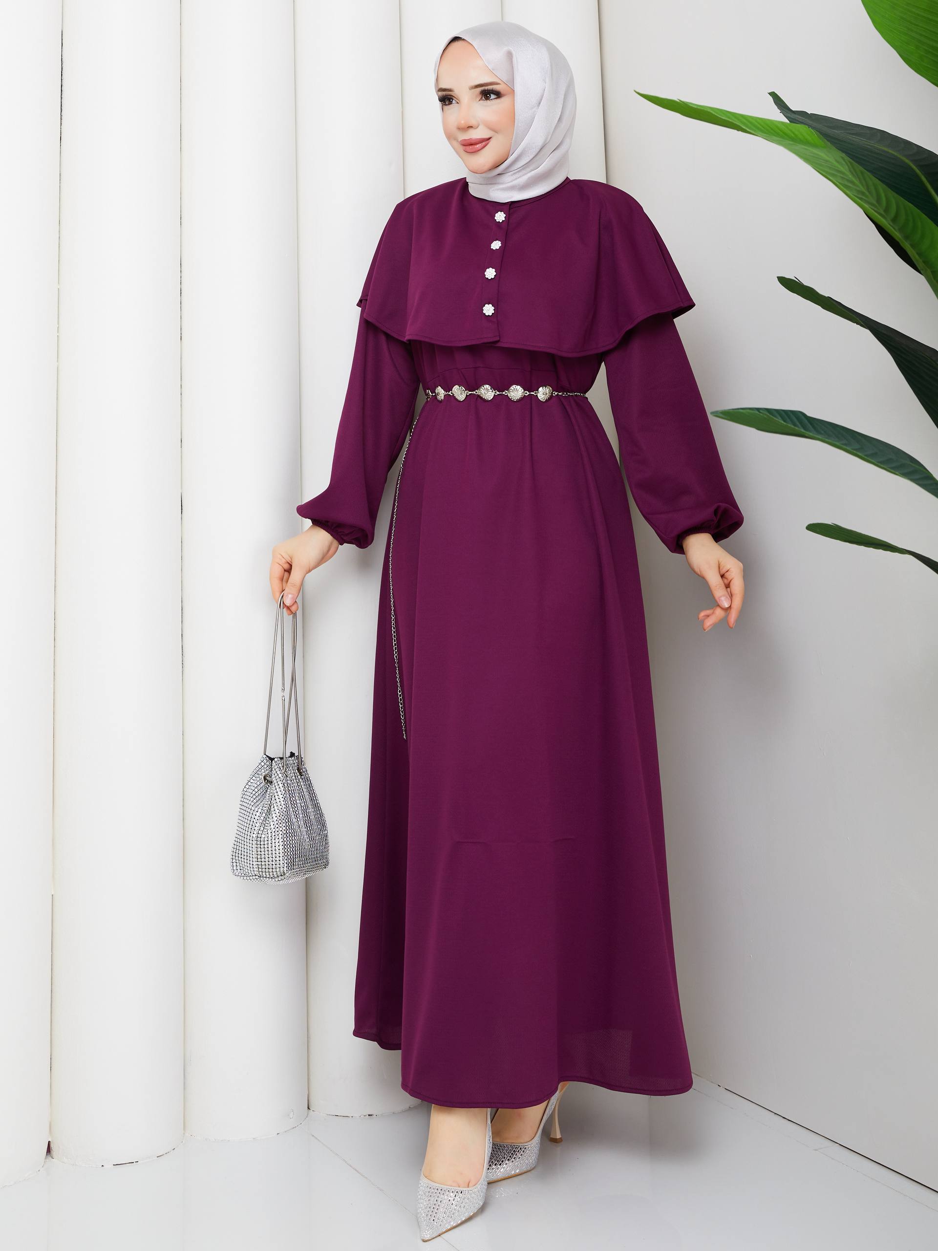 KRİSTAL KEMER VE TAŞ DÜĞME DETAYLI BOLERO PELERİNLİ  KREP ELBİSE-remabutik