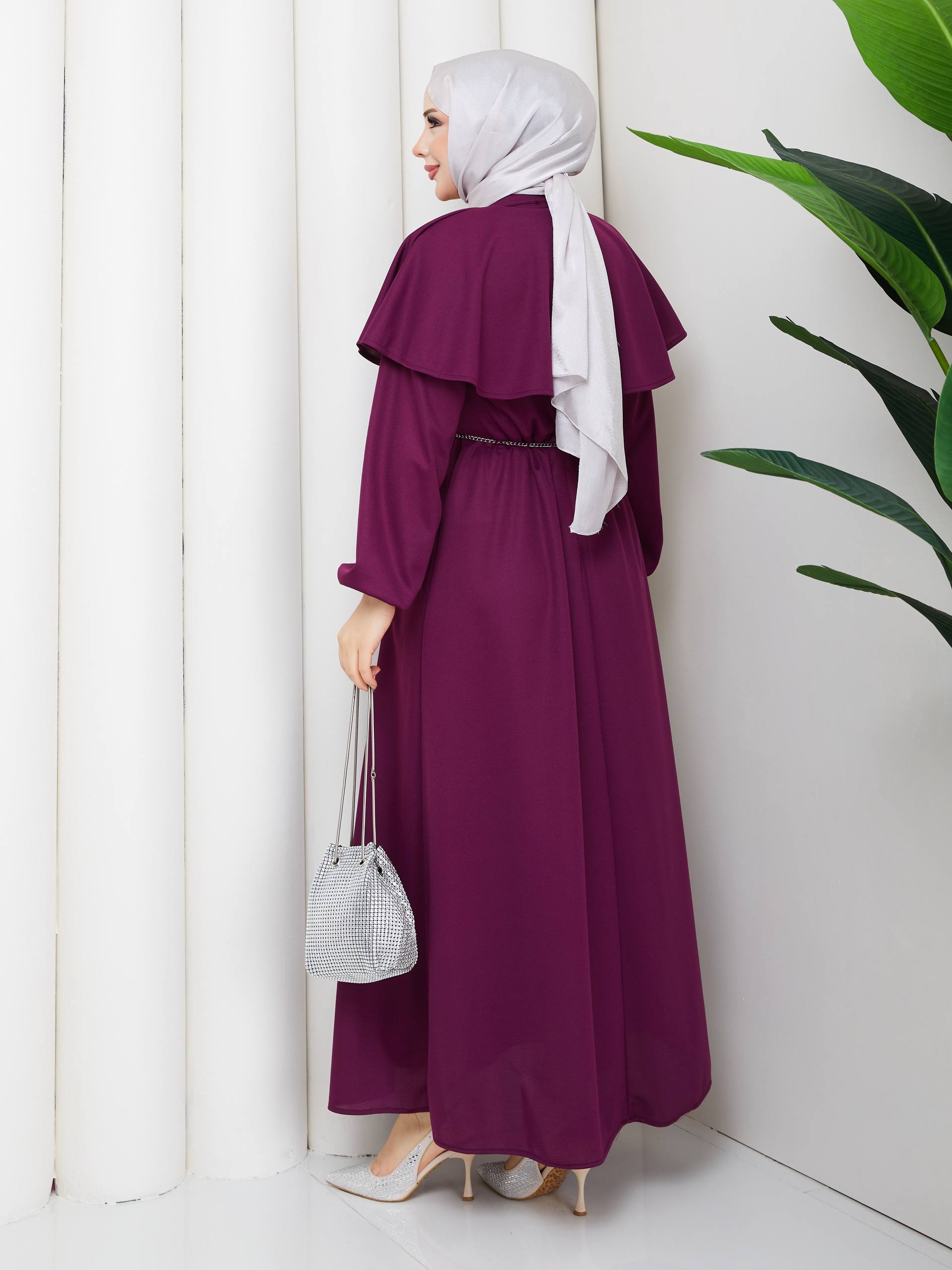 KRİSTAL KEMER VE TAŞ DÜĞME DETAYLI BOLERO PELERİNLİ  KREP ELBİSE-remabutik