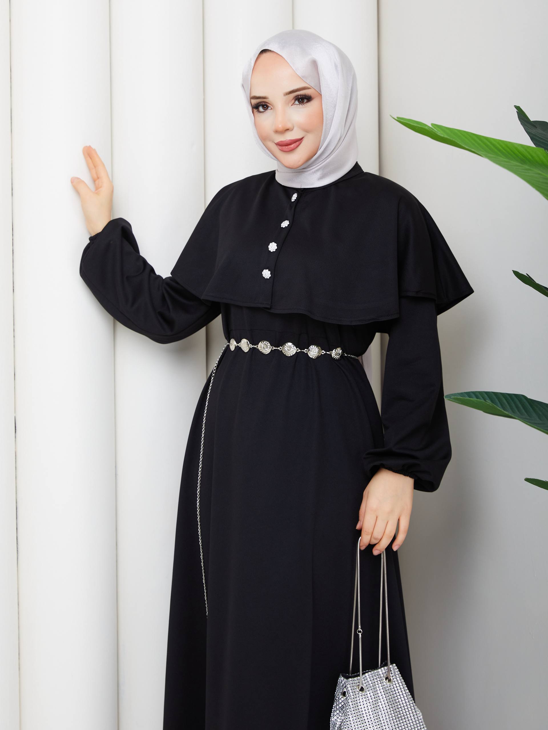 KRİSTAL KEMER VE TAŞ DÜĞME DETAYLI BOLERO PELERİNLİ  KREP ELBİSE-remabutik