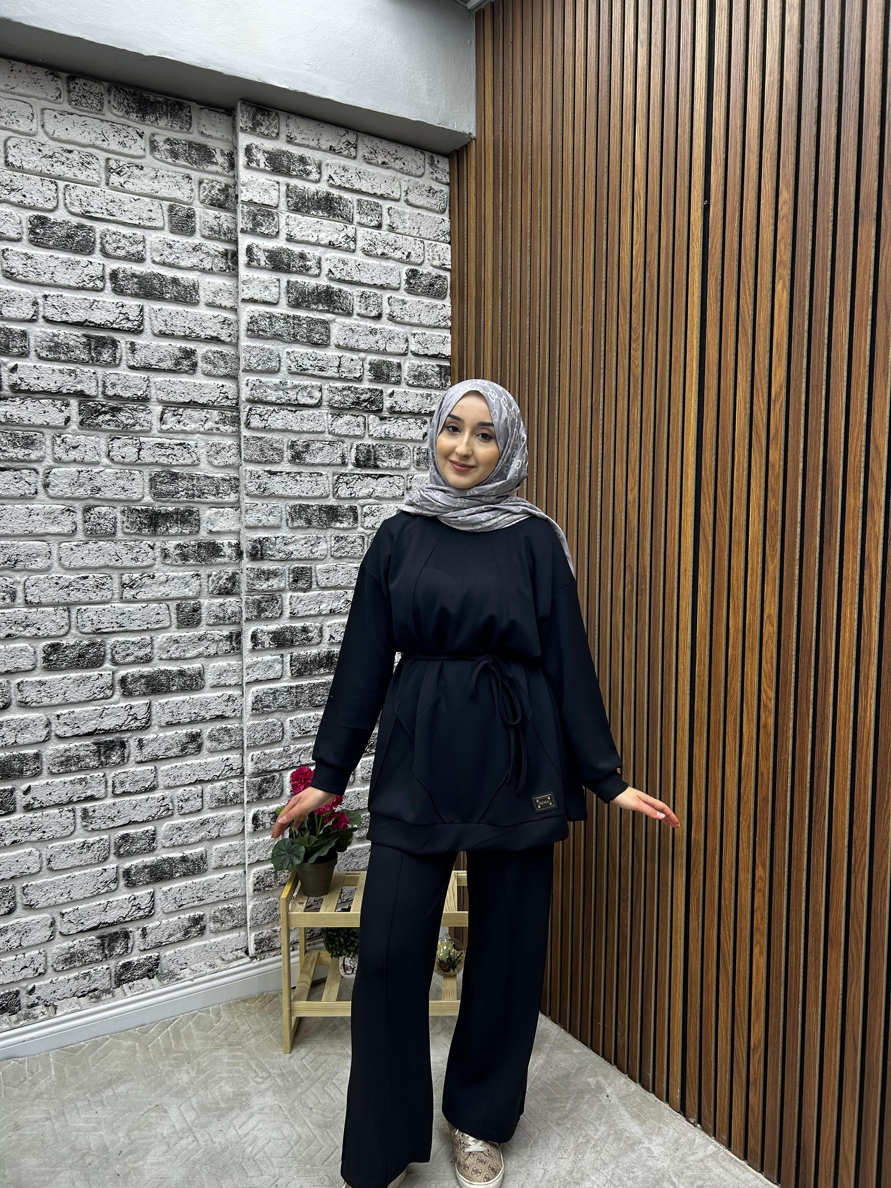 KADIN OYŞHO KUMAŞ KİBRİT ÇIMA DETAYLI PANTOLONLU İKİLİ TAKIM-remabutik