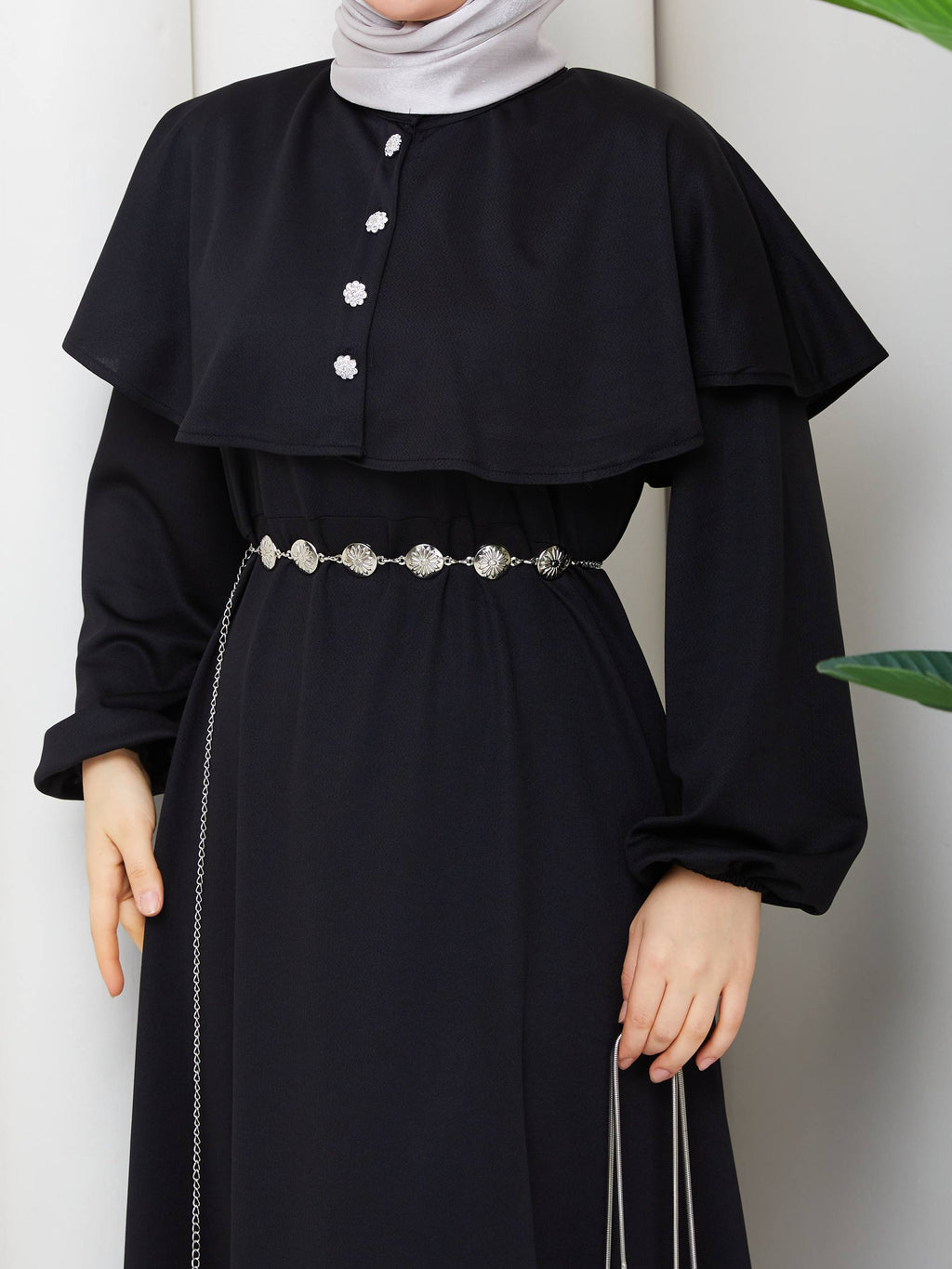 KRİSTAL KEMER VE TAŞ DÜĞME DETAYLI BOLERO PELERİNLİ  KREP ELBİSE-remabutik