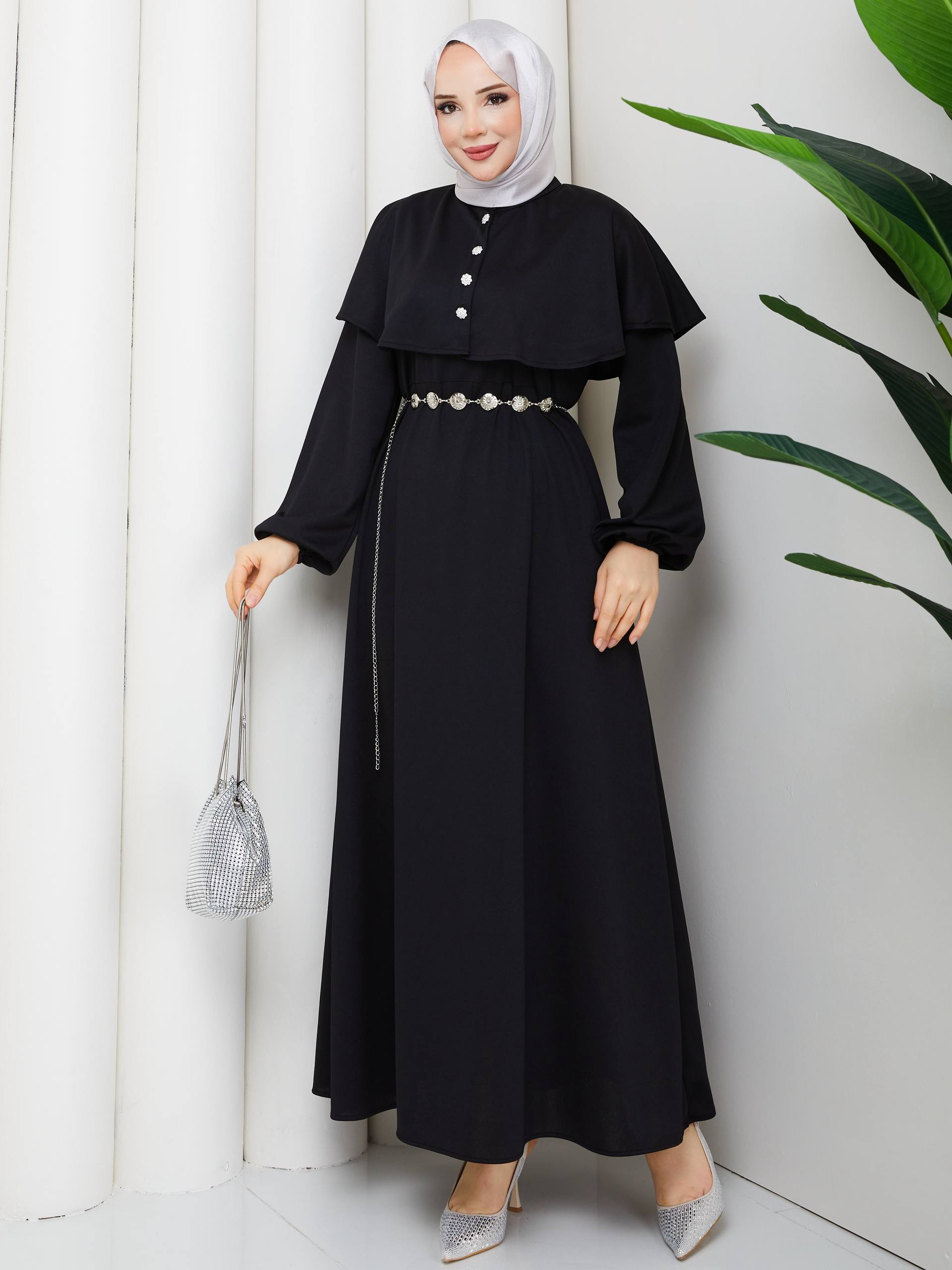 KRİSTAL KEMER VE TAŞ DÜĞME DETAYLI BOLERO PELERİNLİ  KREP ELBİSE-remabutik