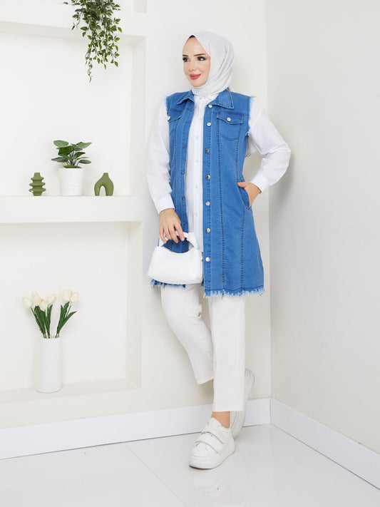 Likralı Yumuşak İnce Kot Yelek - Rema Butik