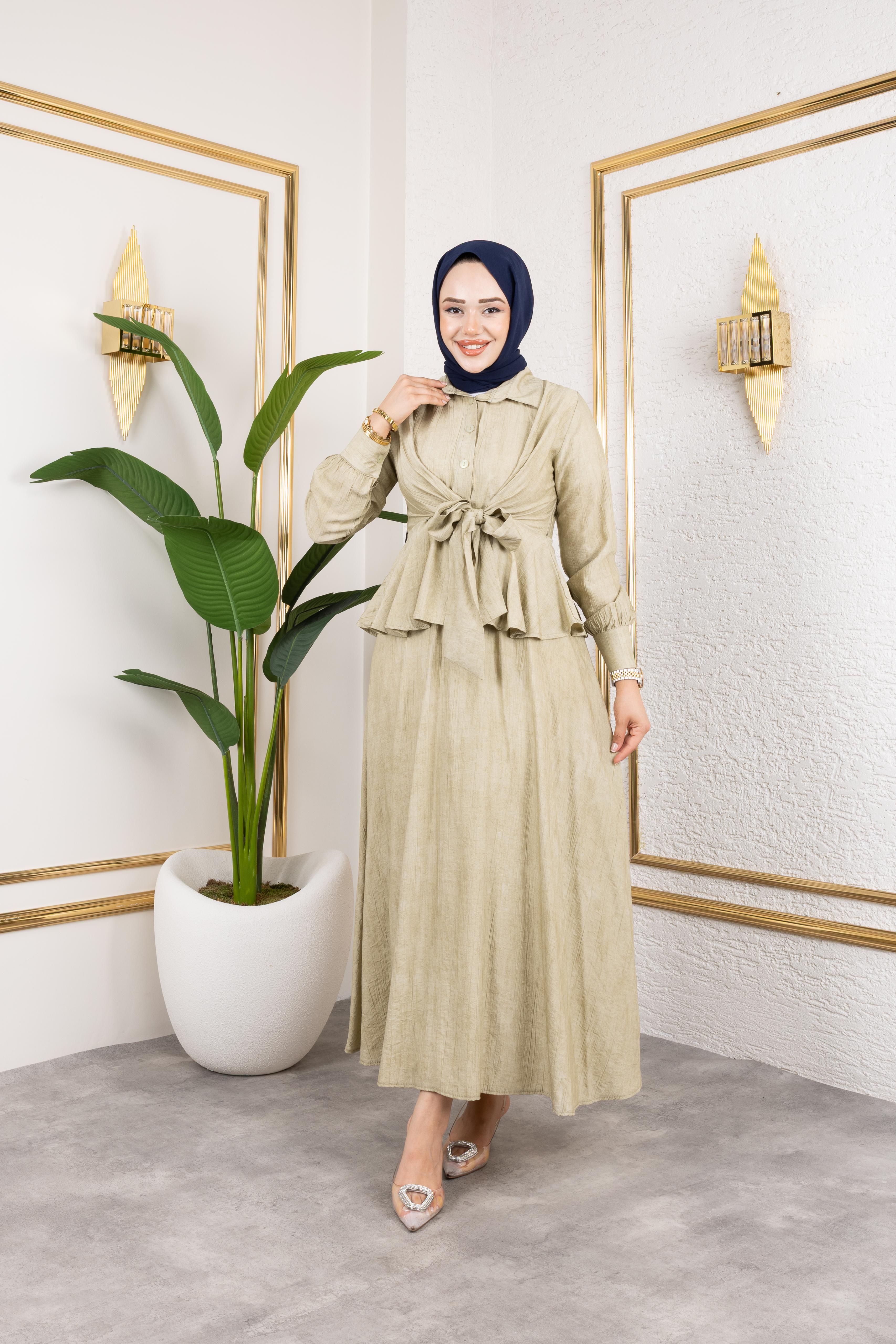 Sabit Kuşak Detaylı Çilek Kumaş Elbise - Rema Butik