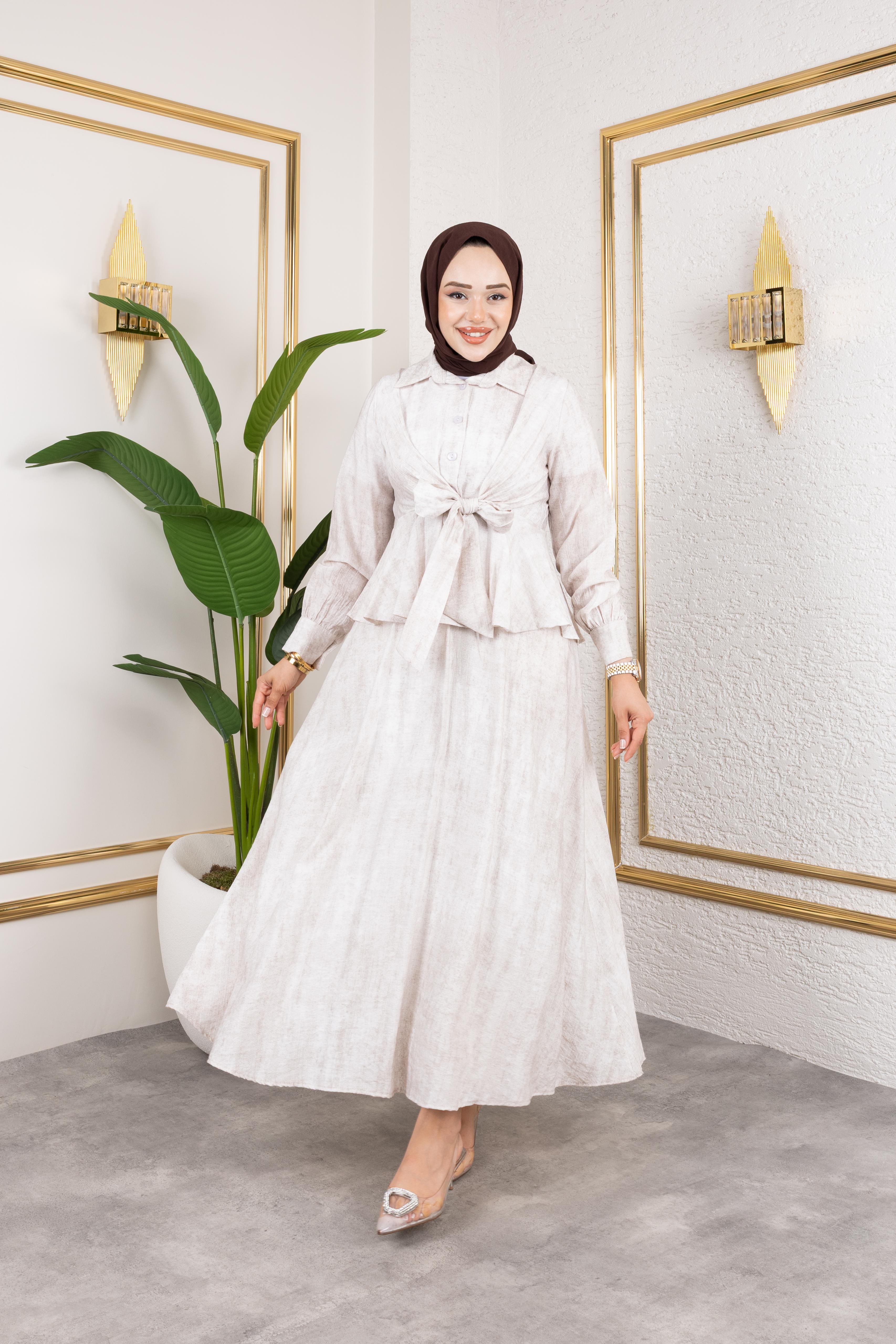 Sabit Kuşak Detaylı Çilek Kumaş Elbise - Rema Butik