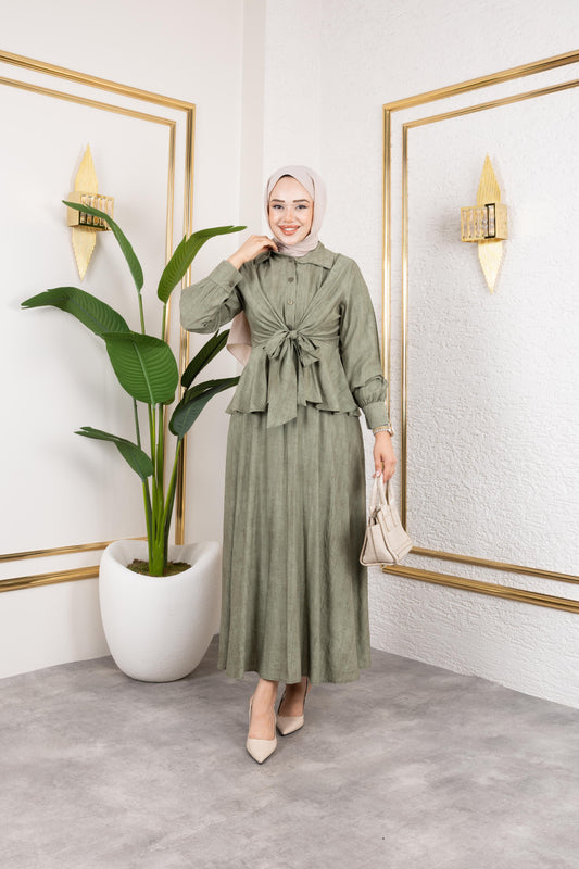 Sabit Kuşak Detaylı Çilek Kumaş Elbise - Rema Butik