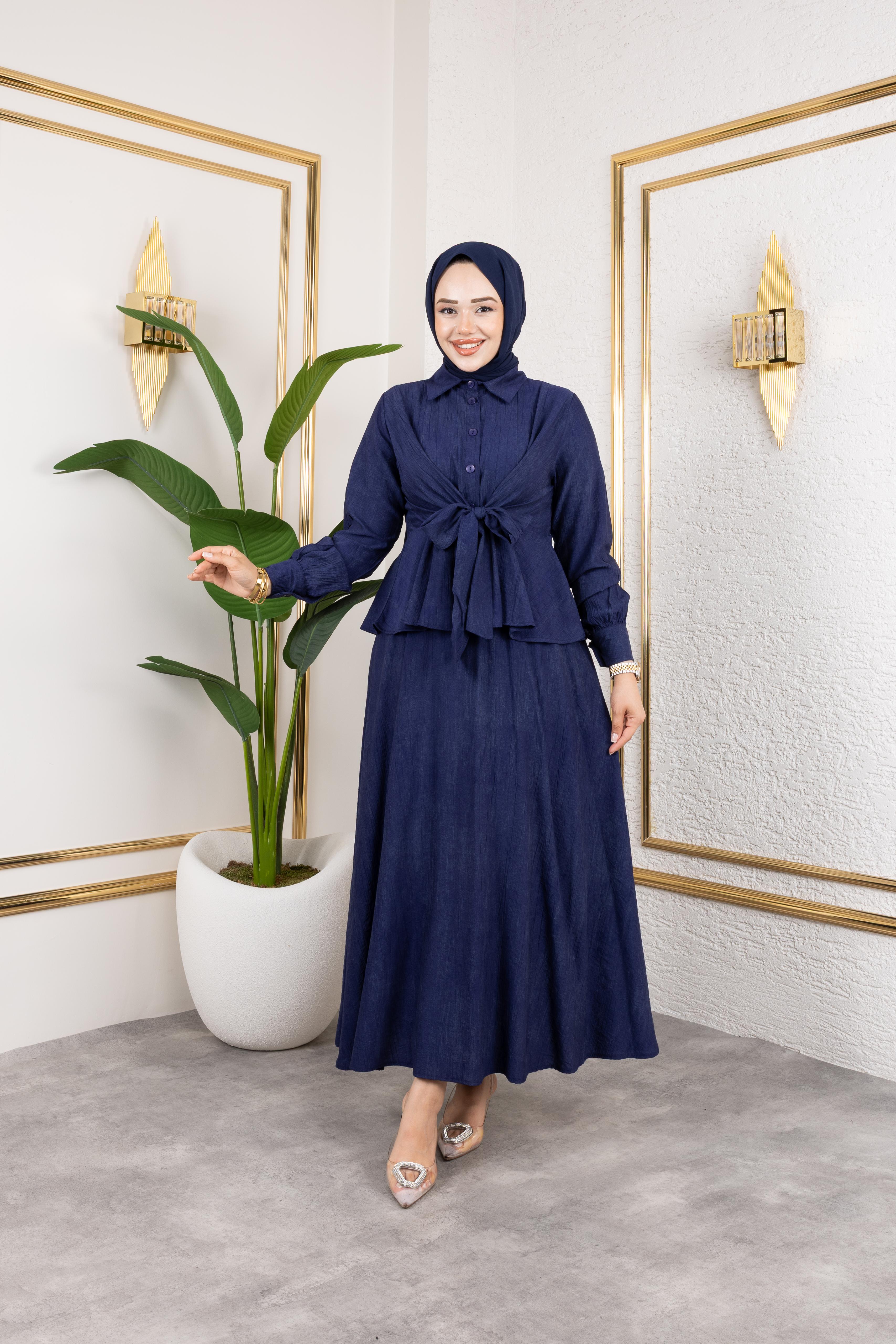 Sabit Kuşak Detaylı Çilek Kumaş Elbise - Rema Butik