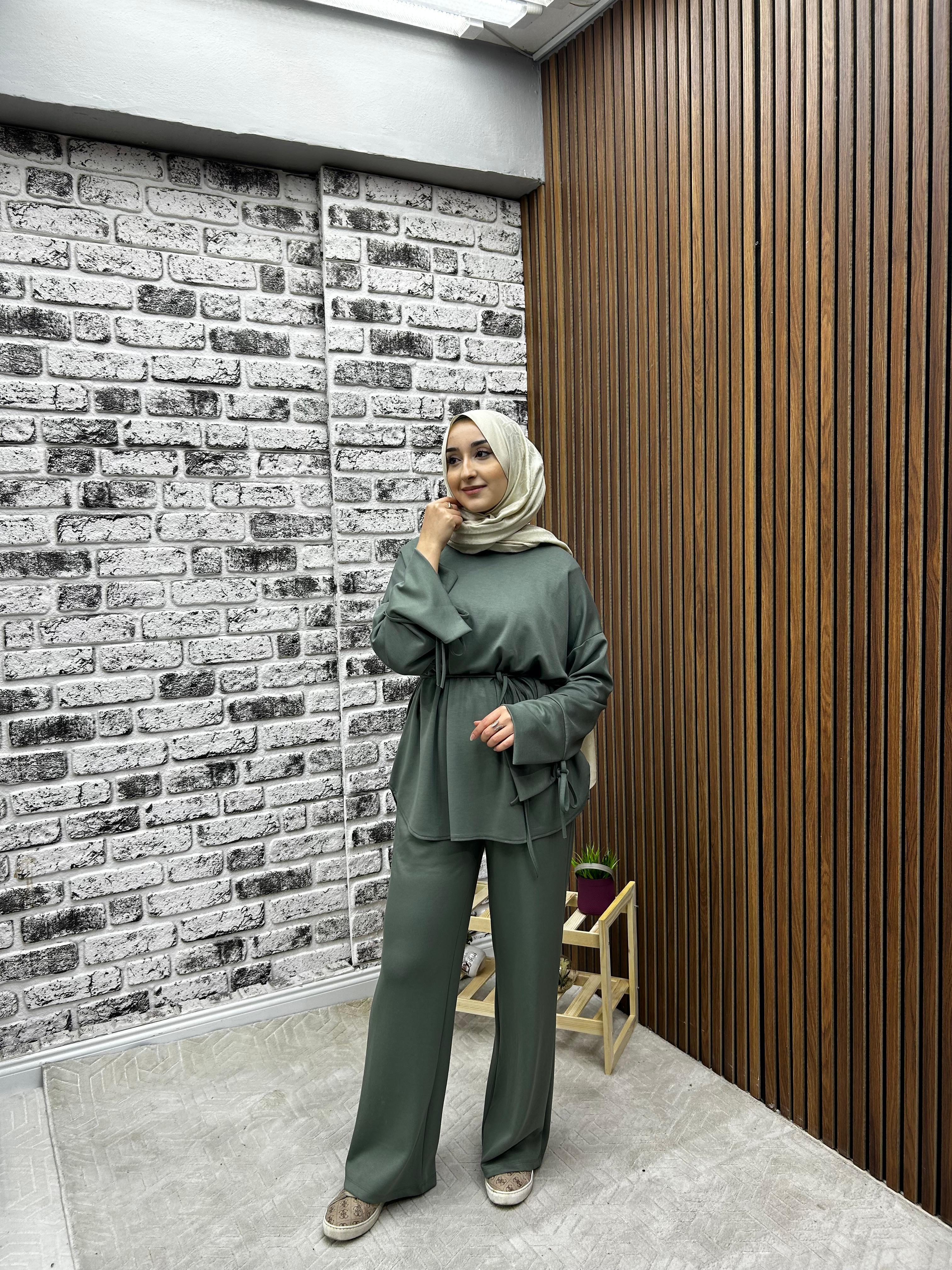 MEVSİMLİK OYŞHO KUMAŞ  MANŞET VE BEL BİRİT DETAYLI KADIN  PANTOLONLU  İKİLİ TAKIM-remabutik