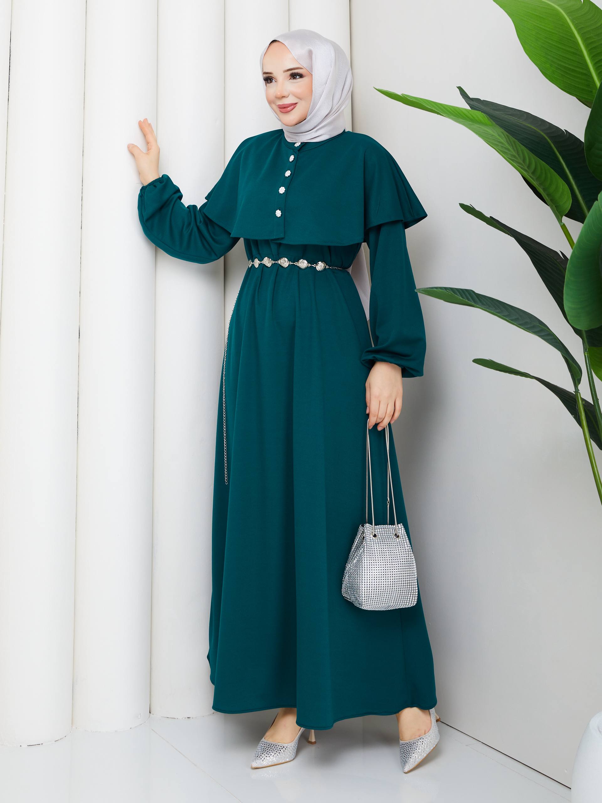 KRİSTAL KEMER VE TAŞ DÜĞME DETAYLI BOLERO PELERİNLİ  KREP ELBİSE-remabutik