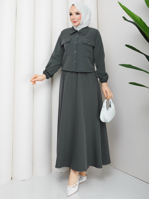 ASEL ÇİFT CEP ÇİFT KAPAK KAPLAMA DÜĞME DETAYLI ETEKLİ TAKIM