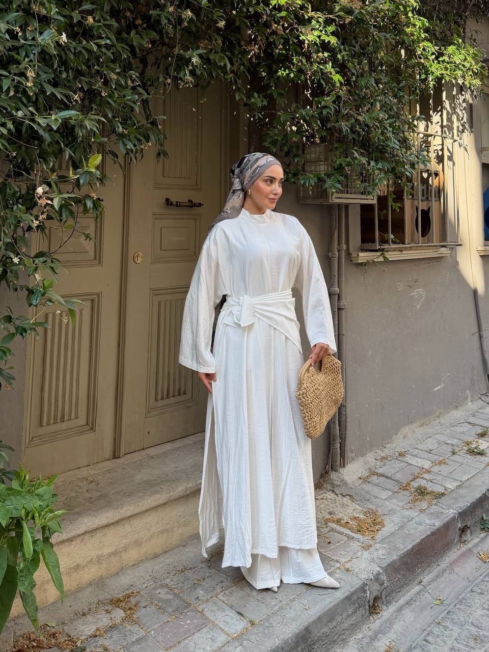 KADIN ÇİLEK KUMAŞ OVERSİZE KESİM ŞAL ABAYA PANTOLON 3'LÜ TAKIM