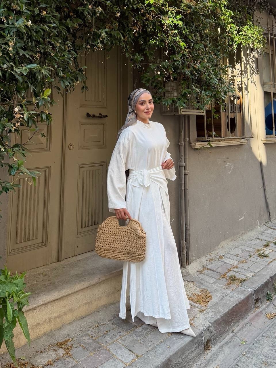KADIN ÇİLEK KUMAŞ OVERSİZE KESİM ŞAL ABAYA PANTOLON 3'LÜ TAKIM
