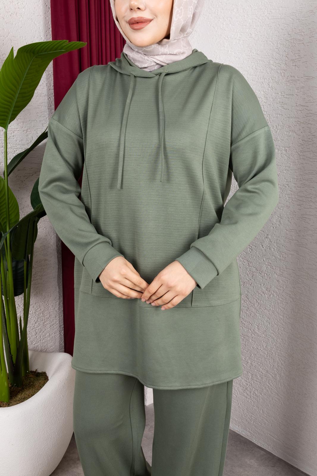 OYŞHO KAPÜŞON DETAYLI RAHAT KALIP PANTOLON BELİ LASTİKLİ İKİLİ TAKIM-remabutik