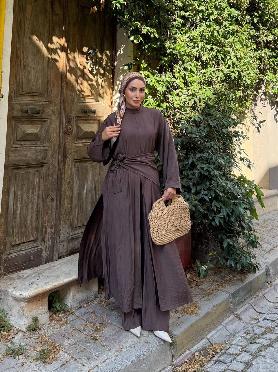KADIN ÇİLEK KUMAŞ OVERSİZE KESİM ŞAL ABAYA PANTOLON 3'LÜ TAKIM