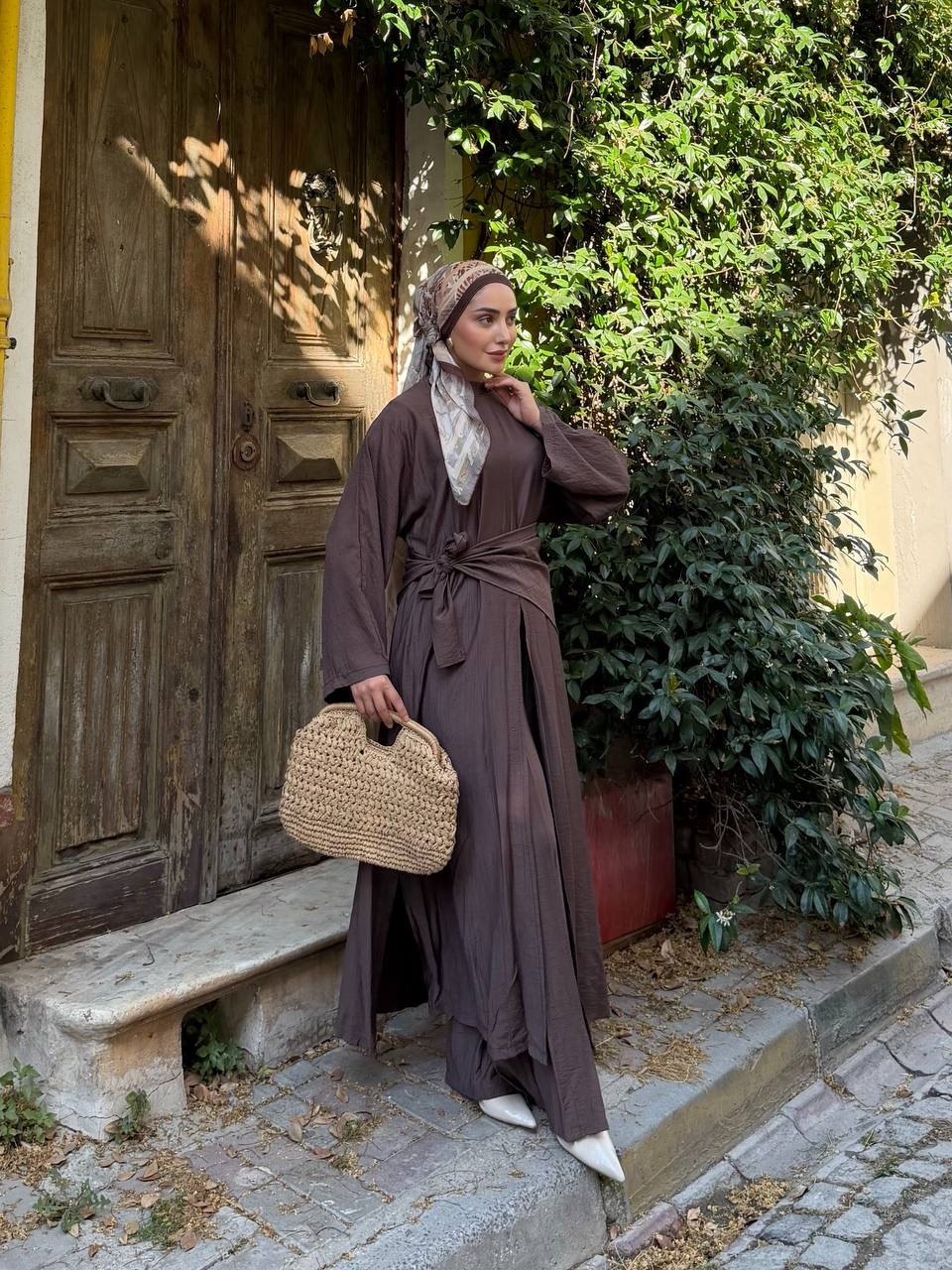 KADIN ÇİLEK KUMAŞ OVERSİZE KESİM ŞAL ABAYA PANTOLON 3'LÜ TAKIM