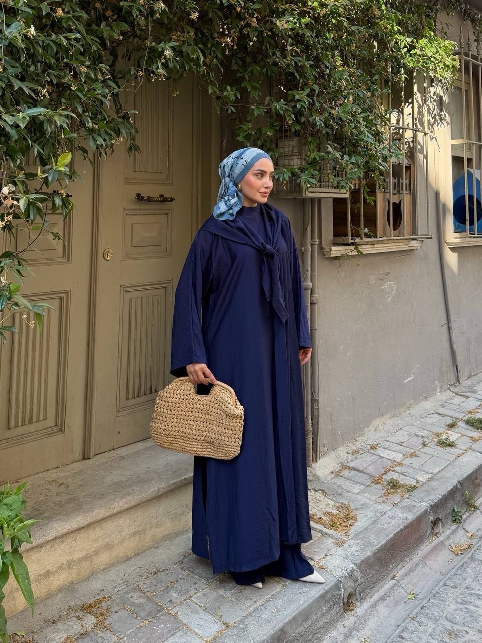 KADIN ÇİLEK KUMAŞ OVERSİZE KESİM ŞAL ABAYA PANTOLON 3'LÜ TAKIM