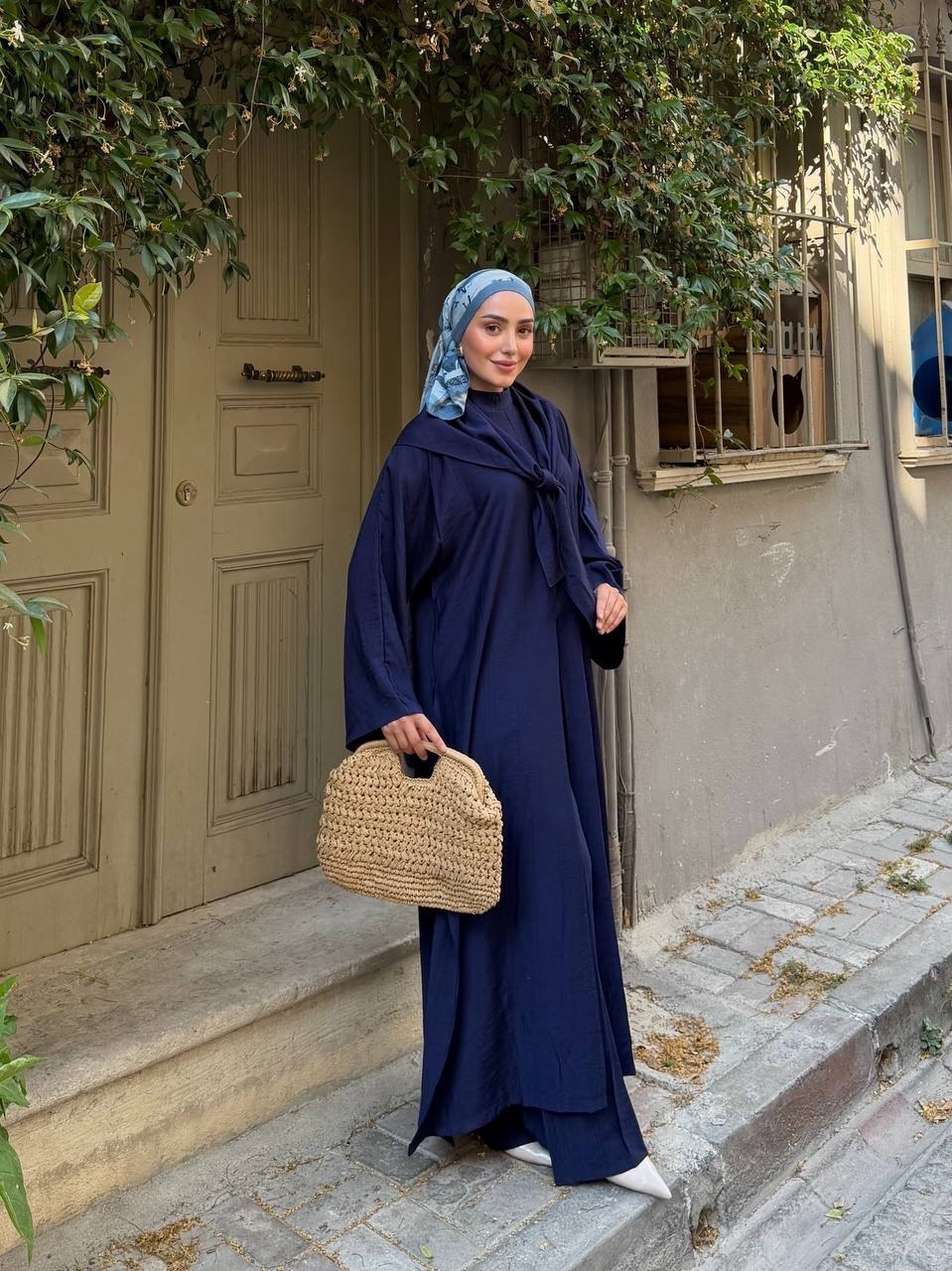 KADIN ÇİLEK KUMAŞ OVERSİZE KESİM ŞAL ABAYA PANTOLON 3'LÜ TAKIM