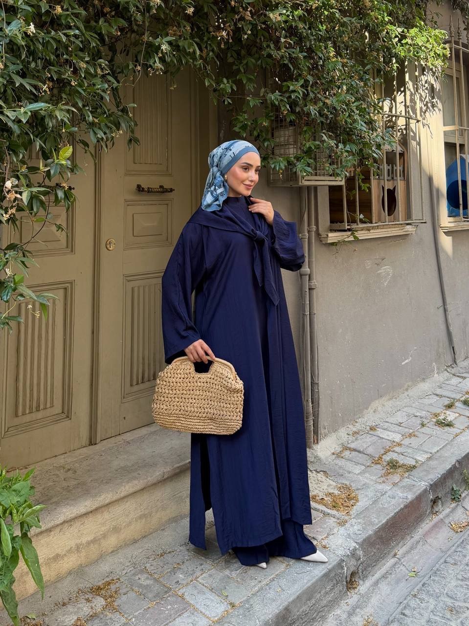 KADIN ÇİLEK KUMAŞ OVERSİZE KESİM ŞAL ABAYA PANTOLON 3'LÜ TAKIM