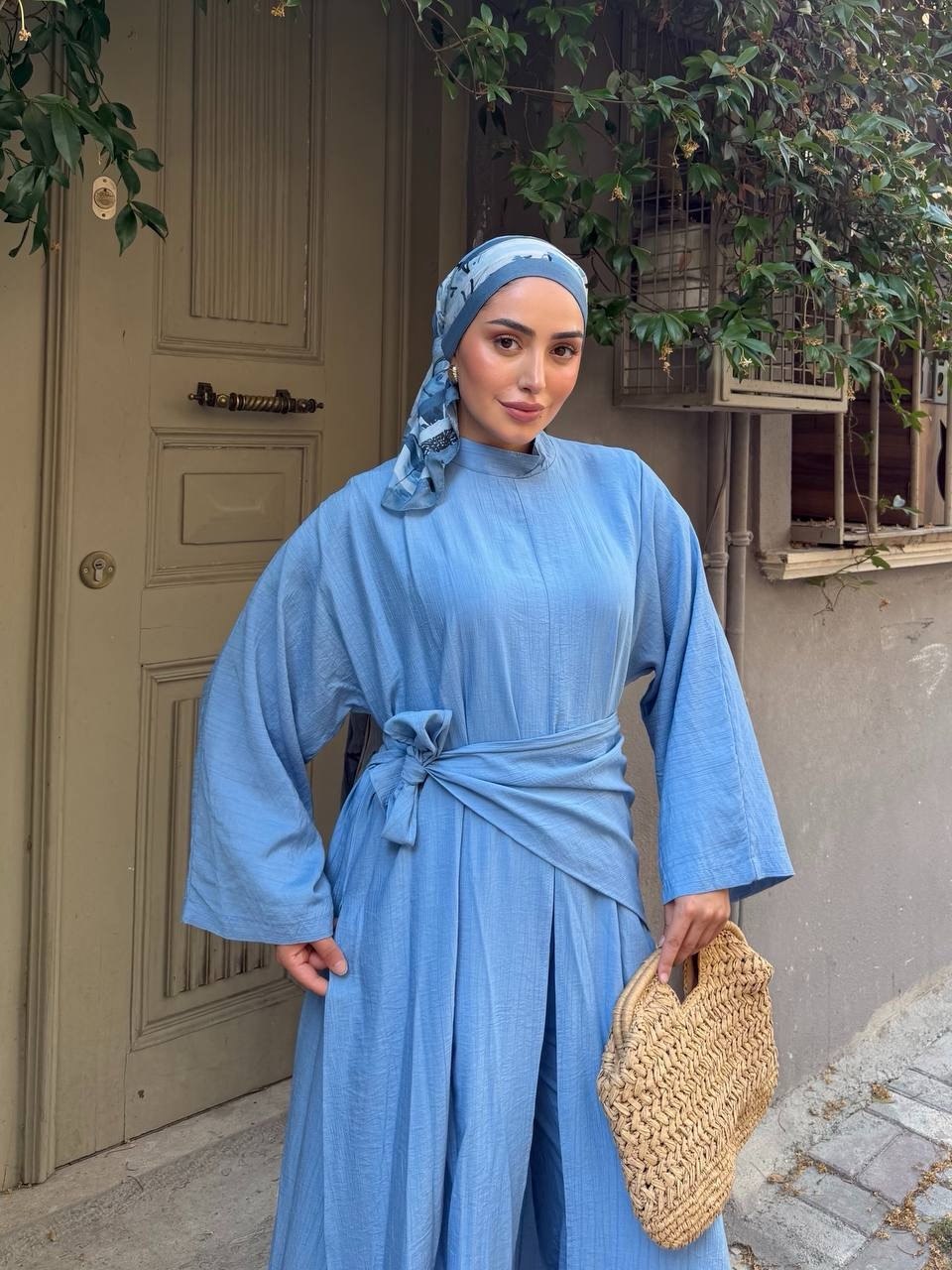 KADIN ÇİLEK KUMAŞ OVERSİZE KESİM ŞAL ABAYA PANTOLON 3'LÜ TAKIM