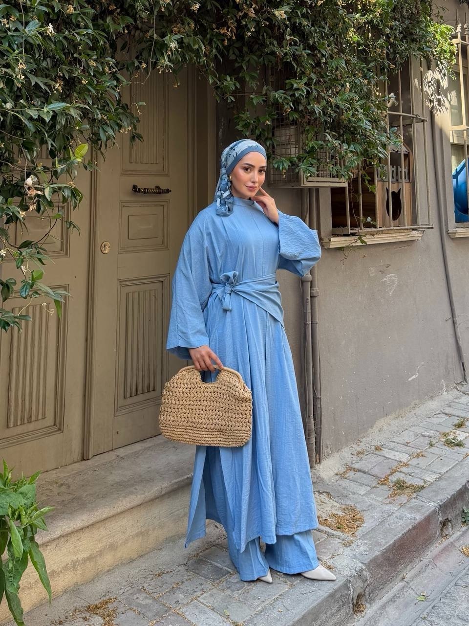 KADIN ÇİLEK KUMAŞ OVERSİZE KESİM ŞAL ABAYA PANTOLON 3'LÜ TAKIM