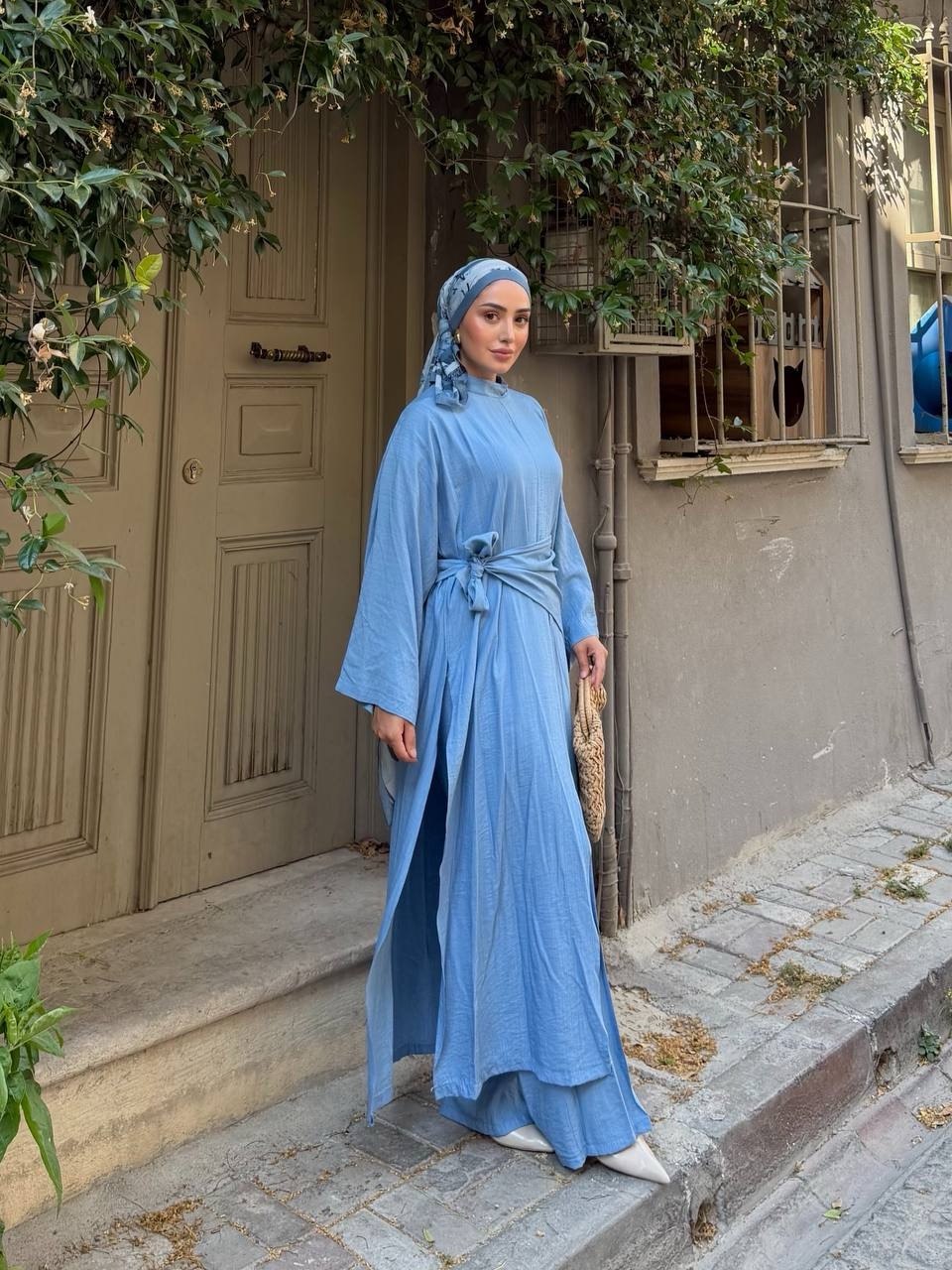 KADIN ÇİLEK KUMAŞ OVERSİZE KESİM ŞAL ABAYA PANTOLON 3'LÜ TAKIM