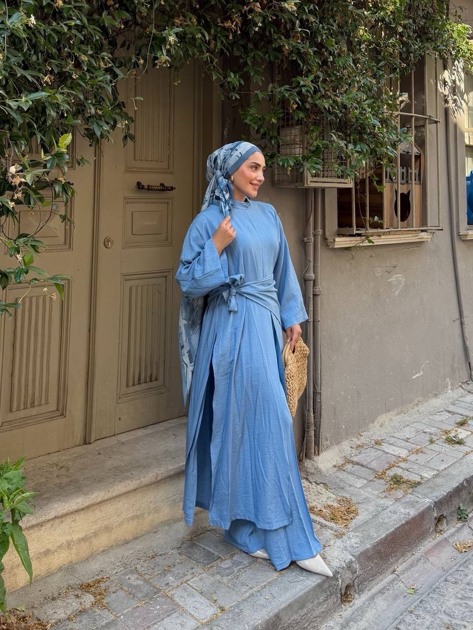 KADIN ÇİLEK KUMAŞ OVERSİZE KESİM ŞAL ABAYA PANTOLON 3'LÜ TAKIM